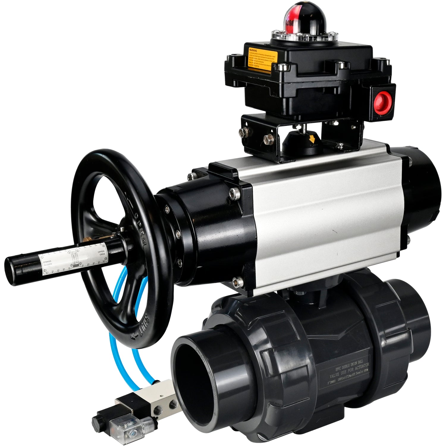 Ball valves Elephant BV4242E-FP-GRM-ISO, body material - UPVC, ball material - UPVC, seal - EPDM, with pneumatic actuator double action PA-DA-105-1, pneumatic distributor 4V320-10 220V and LSU APL-410N EX