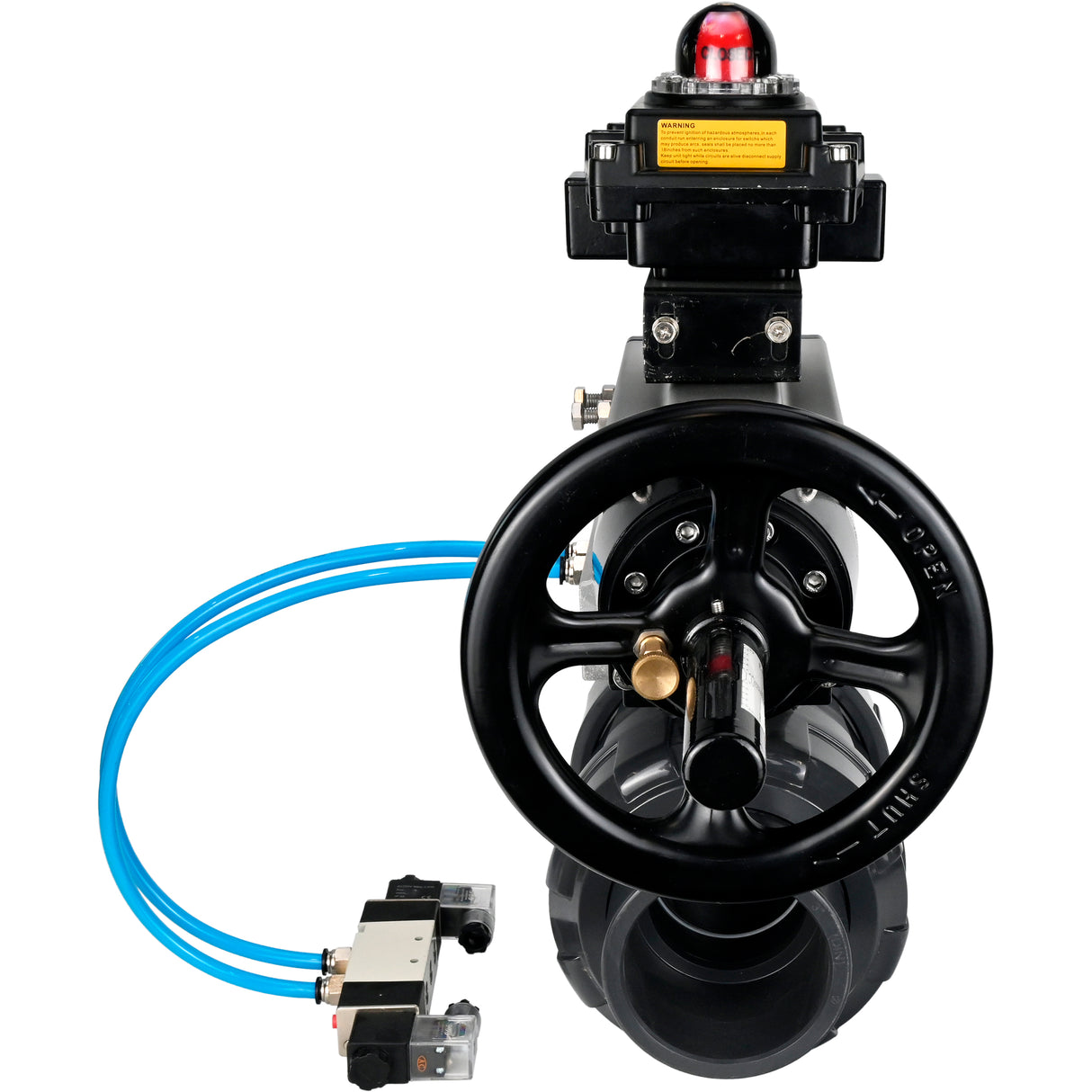 Ball valves Elephant BV4242E-FP-GRM-ISO, body material - UPVC, ball material - UPVC, seal - EPDM, with pneumatic actuator double action PA-DA-105-1, pneumatic distributor 4V320-10 220V and LSU APL-410N EX