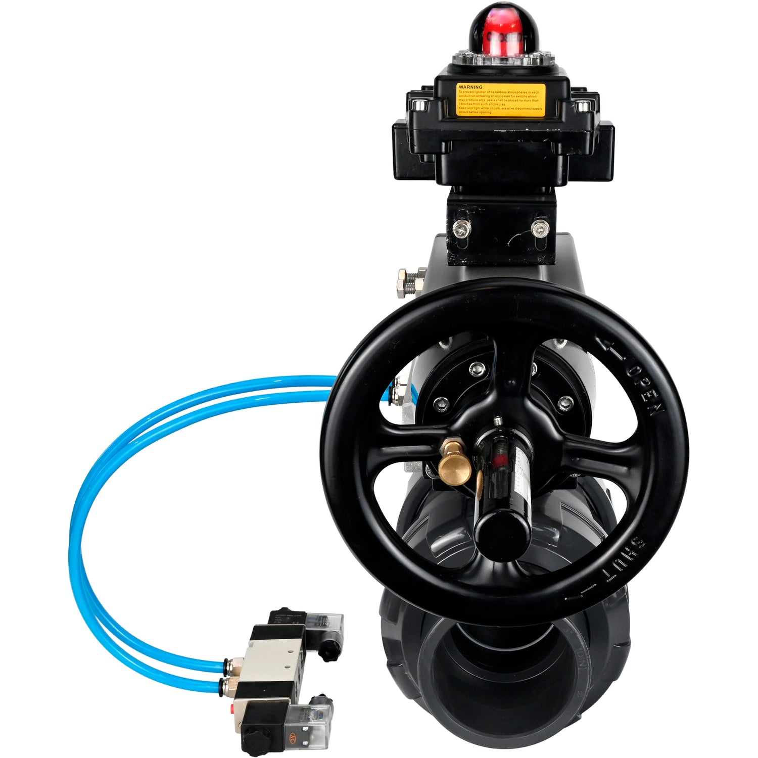 Ball valves Elephant BV4242E-FP-GRM-ISO, body material - UPVC, ball material - UPVC, seal - EPDM, with pneumatic actuator double action PA-DA-105-1, pneumatic distributor 4V320-10 220V and LSU APL-410N EX
