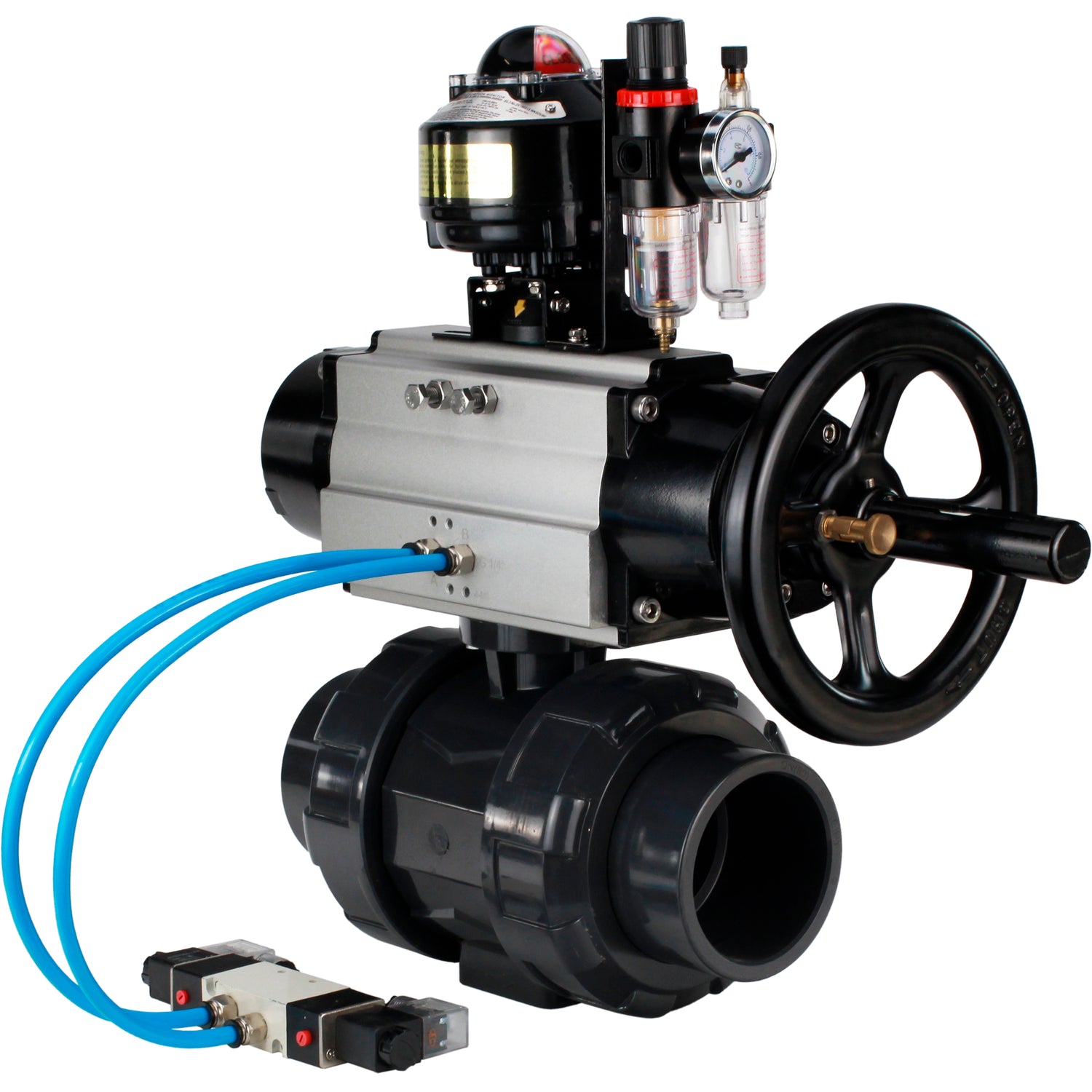 Ball valves Elephant BV4242E-FP-GRM-ISO, body material - UPVC, ball material - UPVC, seal - EPDM, with pneumatic actuator double action PA-DA-105-1, pneumatic distributor 4V320-10 220V, LSU APL-510N EX and ATU AFC2000