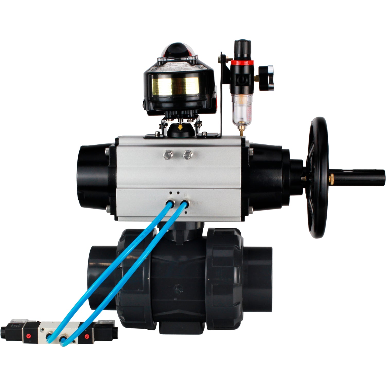 Ball valves Elephant BV4242E-FP-GRM-ISO, body material - UPVC, ball material - UPVC, seal - EPDM, with pneumatic actuator double action PA-DA-105-1, pneumatic distributor 4V320-10 220V, LSU APL-510N EX and ATU AFC2000
