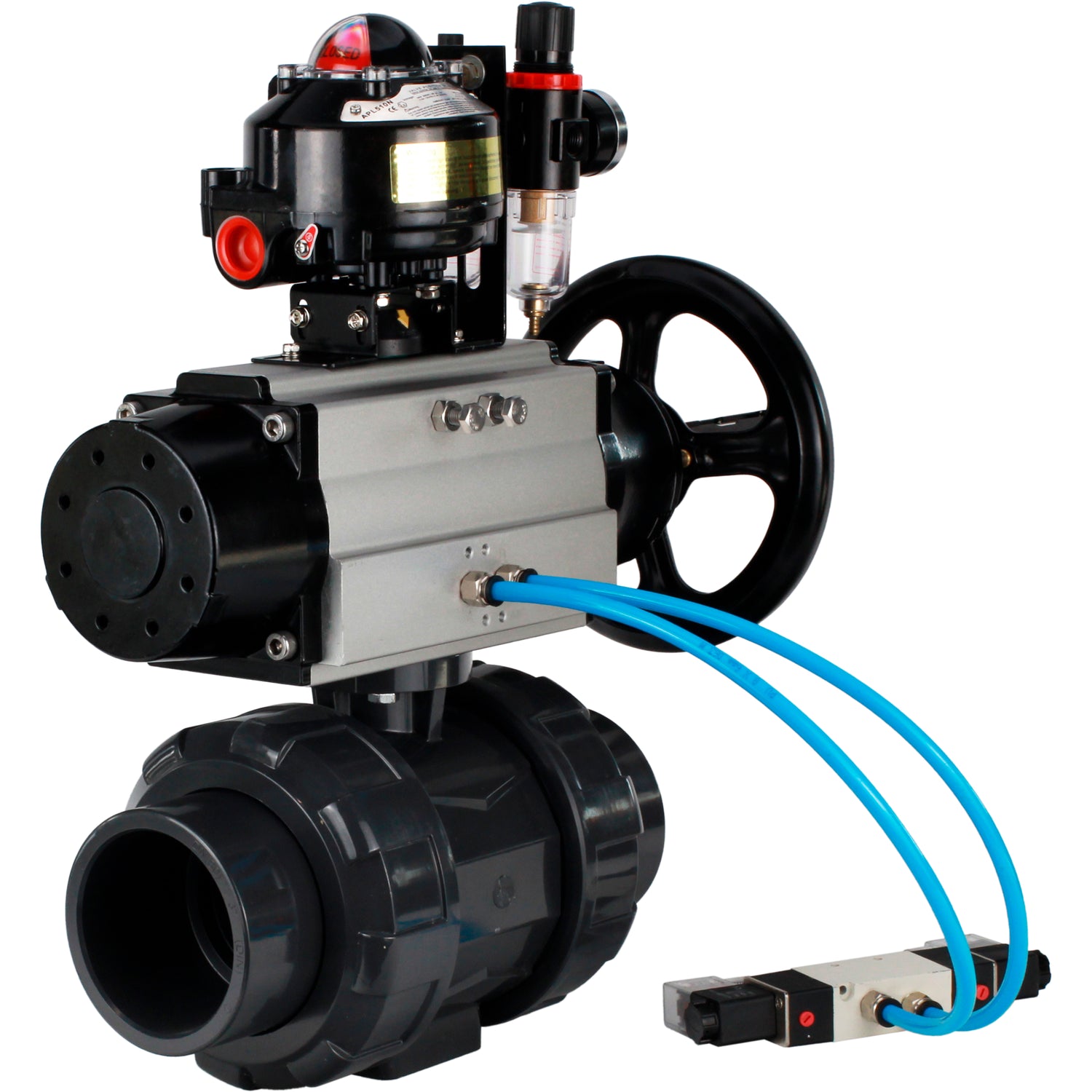 Ball valves Elephant BV4242E-FP-GRM-ISO, body material - UPVC, ball material - UPVC, seal - EPDM, with pneumatic actuator double action PA-DA-105-1, pneumatic distributor 4V320-10 220V, LSU APL-510N EX and ATU AFC2000