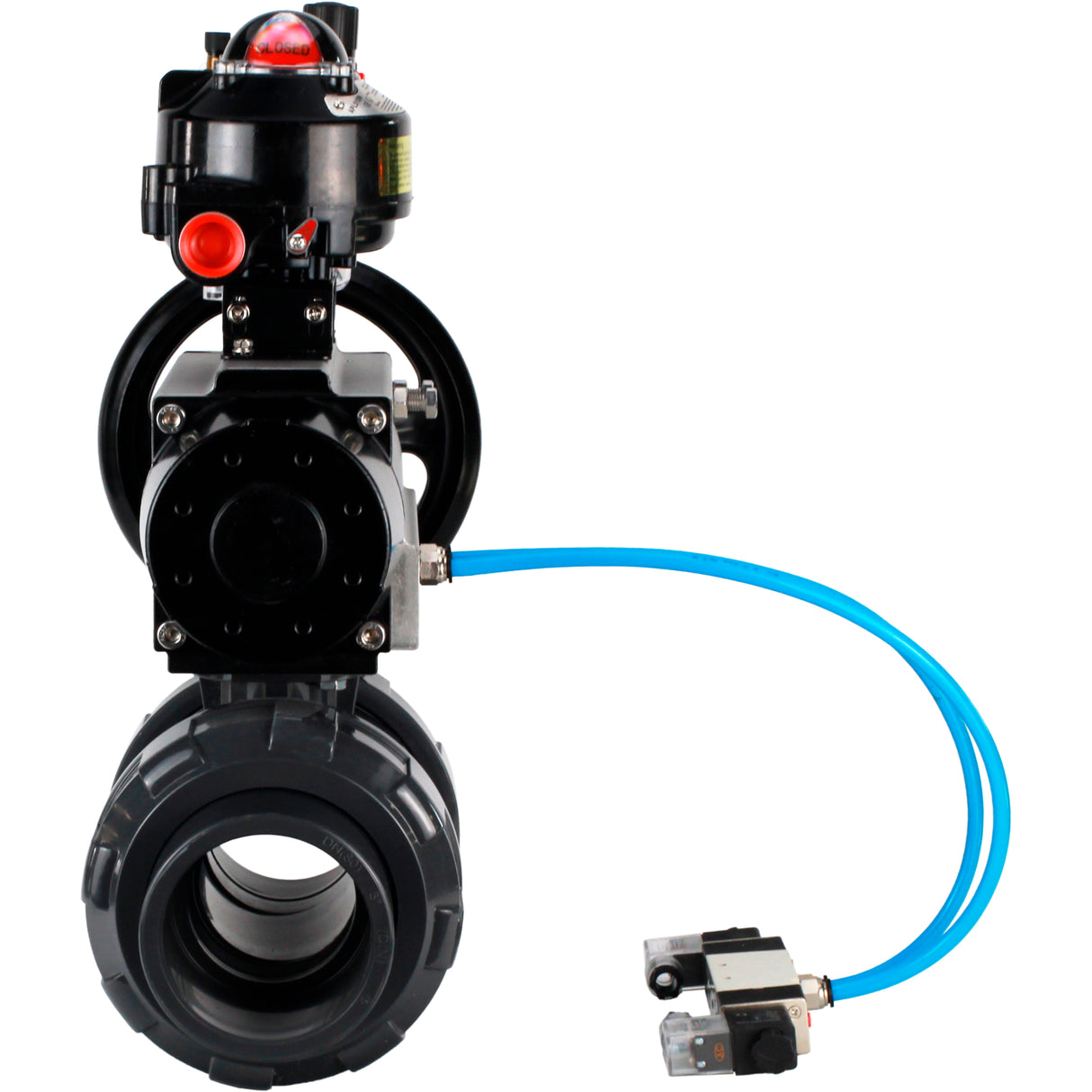 Ball valves Elephant BV4242E-FP-GRM-ISO, body material - UPVC, ball material - UPVC, seal - EPDM, with pneumatic actuator double action PA-DA-105-1, pneumatic distributor 4V320-10 220V, LSU APL-510N EX and ATU AFC2000