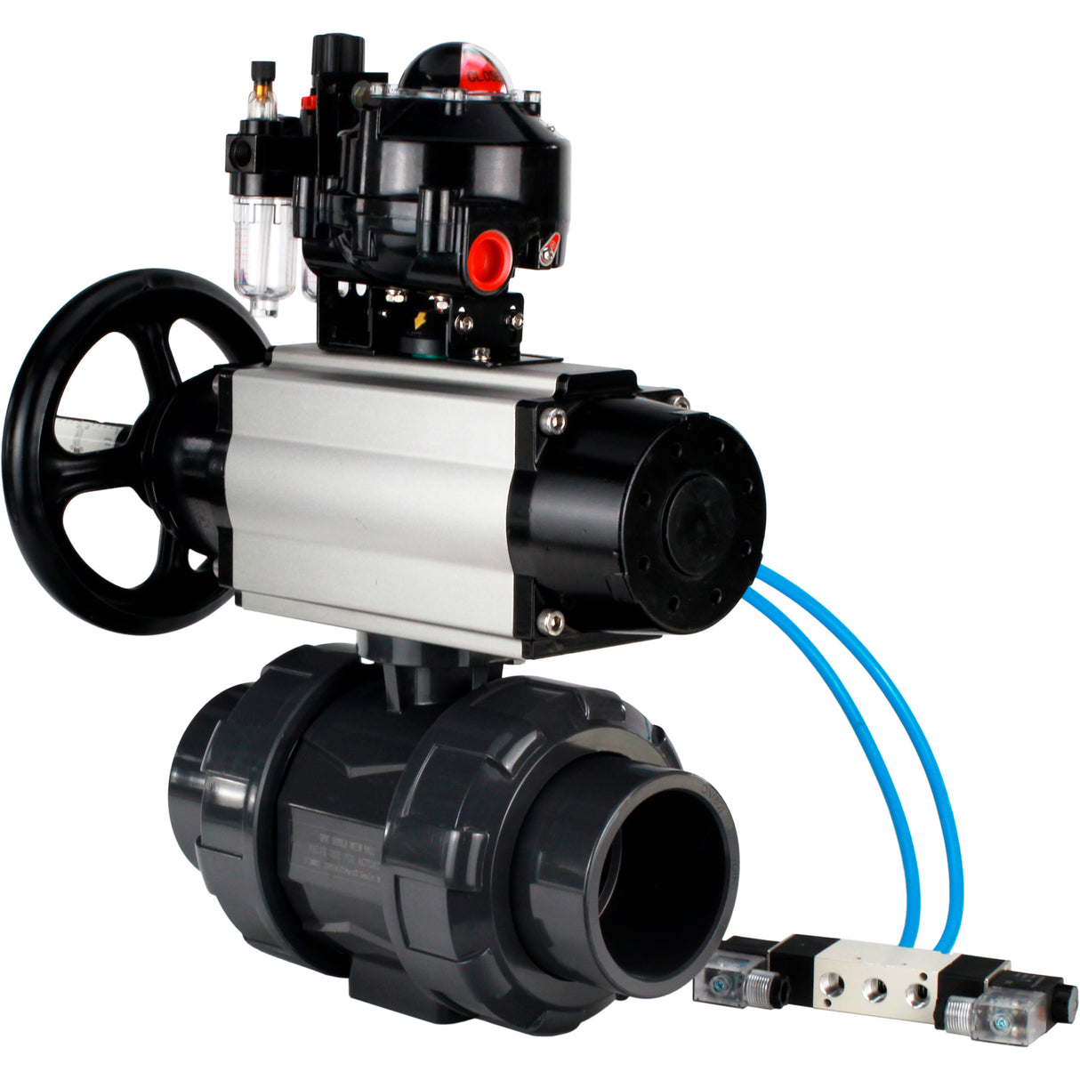 Ball valves Elephant BV4242E-FP-GRM-ISO, body material - UPVC, ball material - UPVC, seal - EPDM, with pneumatic actuator double action PA-DA-105-1, pneumatic distributor 4V320-10 220V, LSU APL-510N EX and ATU AFC2000