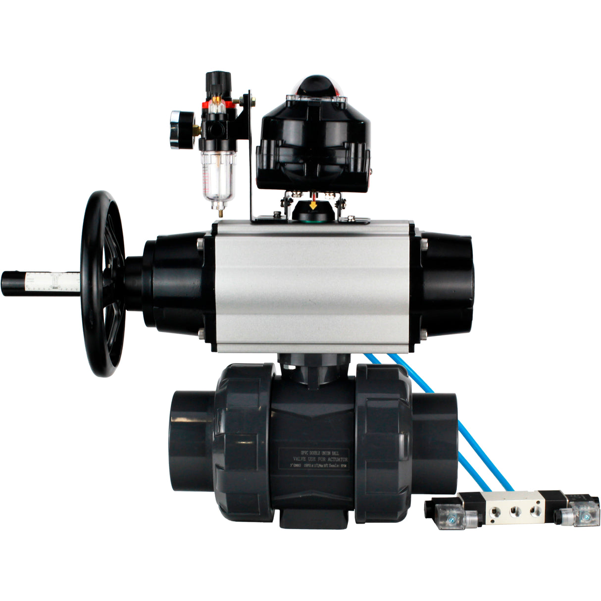 Ball valves Elephant BV4242E-FP-GRM-ISO, body material - UPVC, ball material - UPVC, seal - EPDM, with pneumatic actuator double action PA-DA-105-1, pneumatic distributor 4V320-10 220V, LSU APL-510N EX and ATU AFC2000