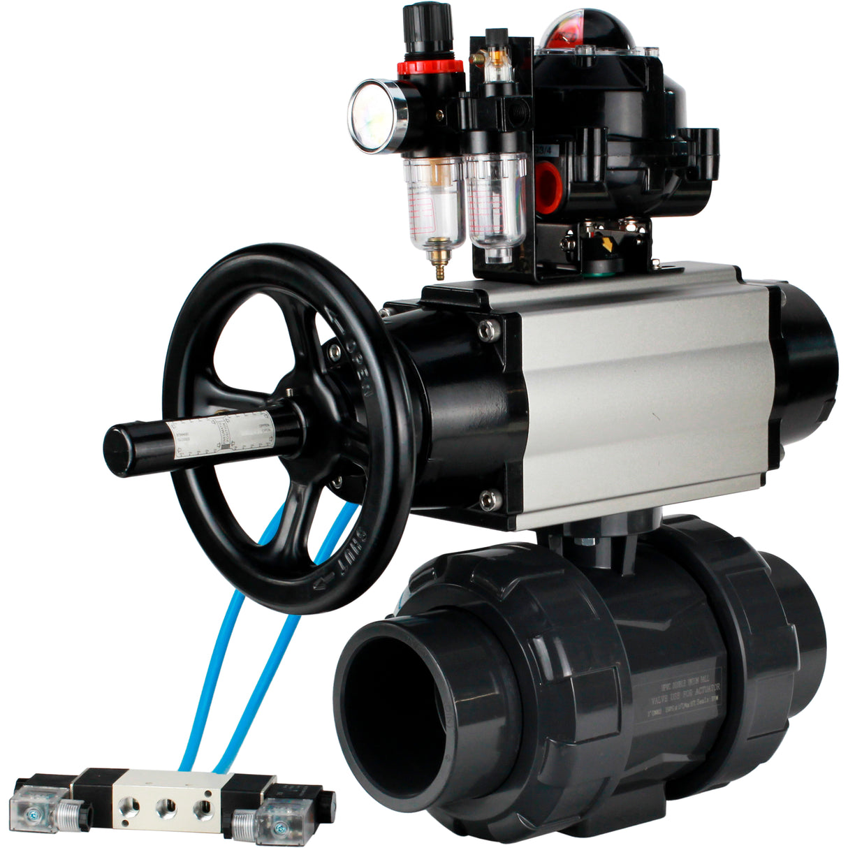 Ball valves Elephant BV4242E-FP-GRM-ISO, body material - UPVC, ball material - UPVC, seal - EPDM, with pneumatic actuator double action PA-DA-105-1, pneumatic distributor 4V320-10 220V, LSU APL-510N EX and ATU AFC2000