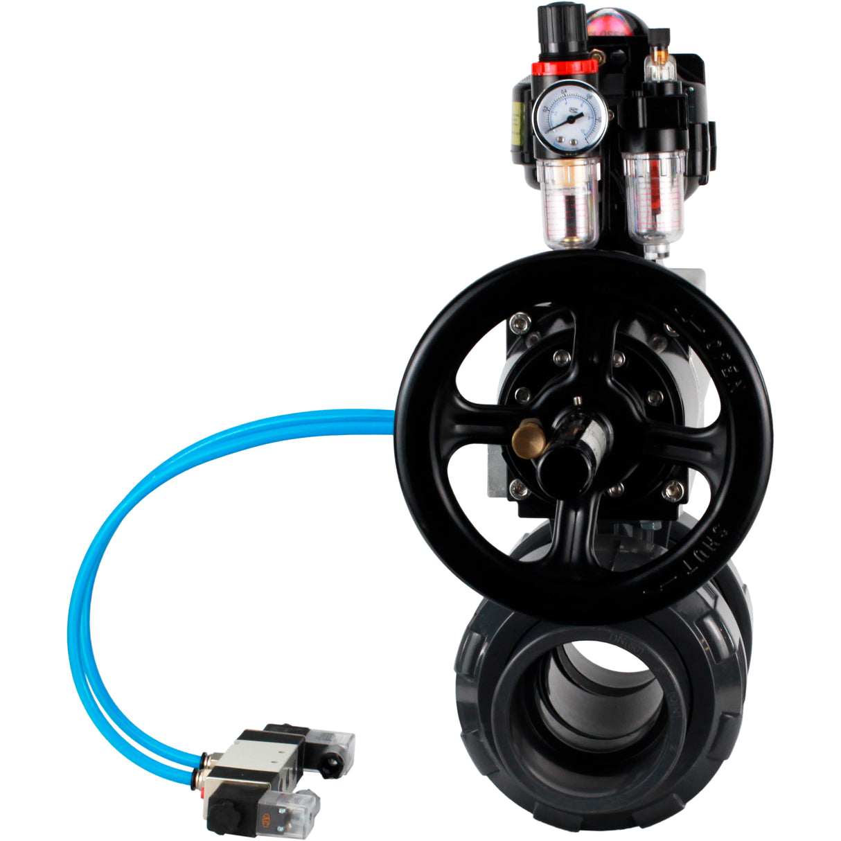 Ball valves Elephant BV4242E-FP-GRM-ISO, body material - UPVC, ball material - UPVC, seal - EPDM, with pneumatic actuator double action PA-DA-105-1, pneumatic distributor 4V320-10 220V, LSU APL-510N EX and ATU AFC2000