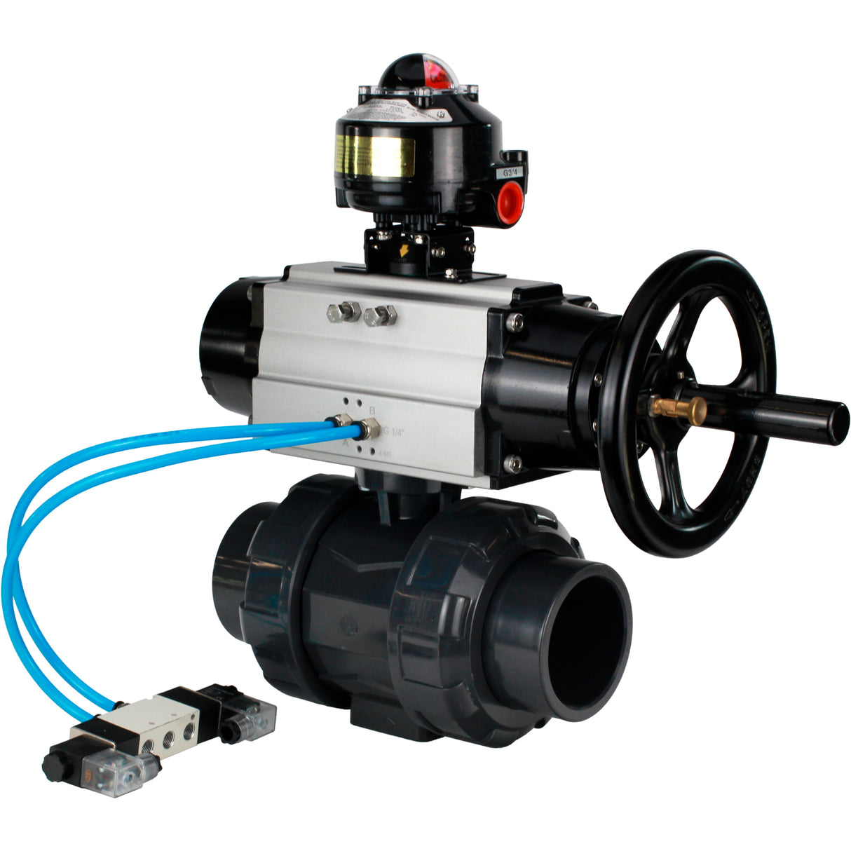 Ball valves Elephant BV4242E-FP-GRM-ISO, body material - UPVC, ball material - UPVC, seal - EPDM, with pneumatic actuator double action PA-DA-105-1, pneumatic distributor 4V320-08 220V and LSU APL-510N EX