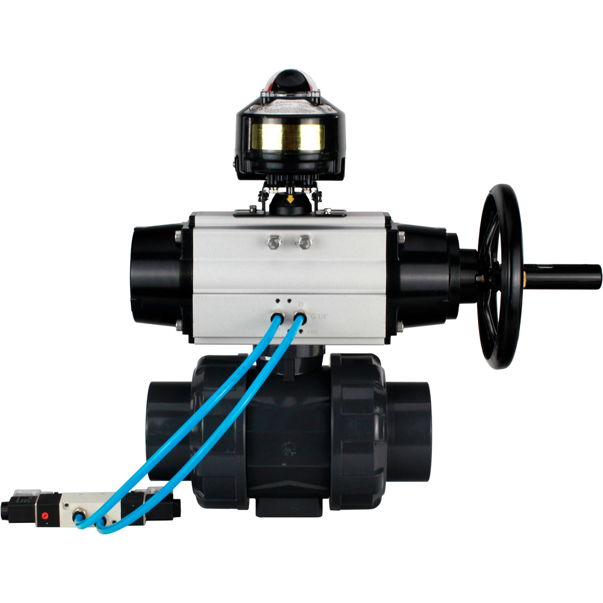 Ball valves Elephant BV4242E-FP-GRM-ISO, body material - UPVC, ball material - UPVC, seal - EPDM, with pneumatic actuator double action PA-DA-105-1, pneumatic distributor 4V320-08 220V and LSU APL-510N EX