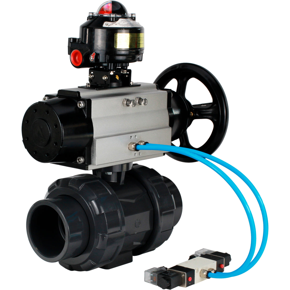 Ball valves Elephant BV4242E-FP-GRM-ISO, body material - UPVC, ball material - UPVC, seal - EPDM, with pneumatic actuator double action PA-DA-105-1, pneumatic distributor 4V320-08 220V and LSU APL-510N EX