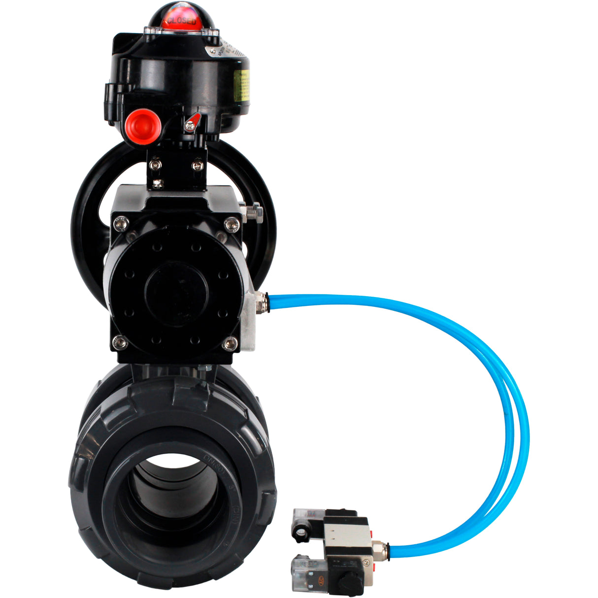 Ball valves Elephant BV4242E-FP-GRM-ISO, body material - UPVC, ball material - UPVC, seal - EPDM, with pneumatic actuator double action PA-DA-105-1, pneumatic distributor 4V320-08 220V and LSU APL-510N EX