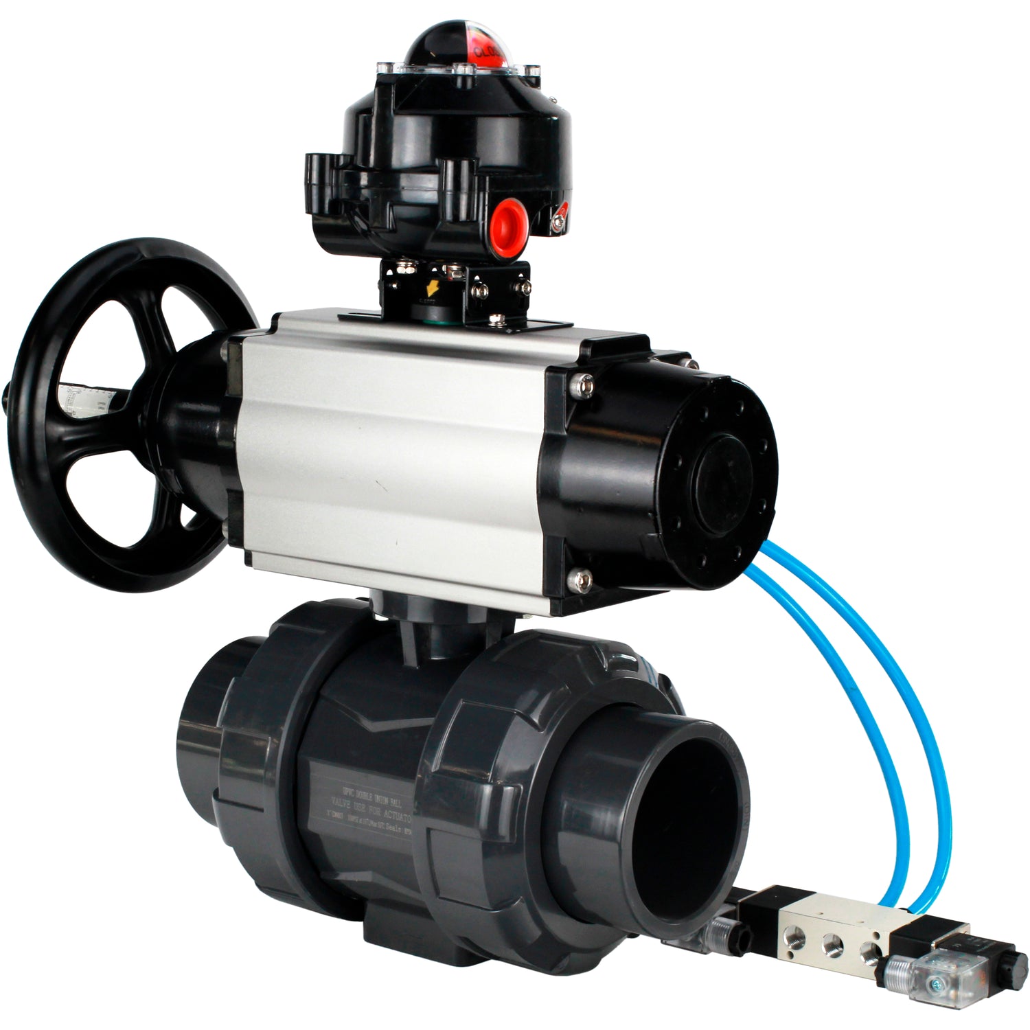 Ball valves Elephant BV4242E-FP-GRM-ISO, body material - UPVC, ball material - UPVC, seal - EPDM, with pneumatic actuator double action PA-DA-105-1, pneumatic distributor 4V320-08 220V and LSU APL-510N EX