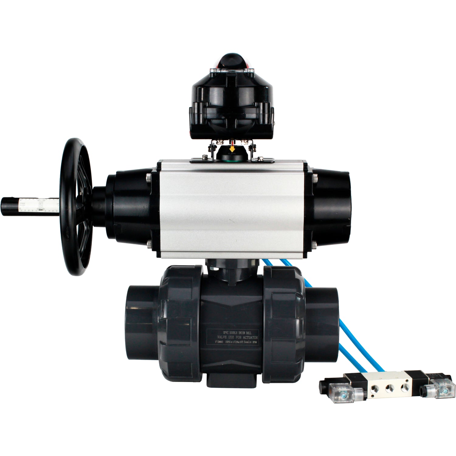 Ball valves Elephant BV4242E-FP-GRM-ISO, body material - UPVC, ball material - UPVC, seal - EPDM, with pneumatic actuator double action PA-DA-105-1, pneumatic distributor 4V320-08 220V and LSU APL-510N EX