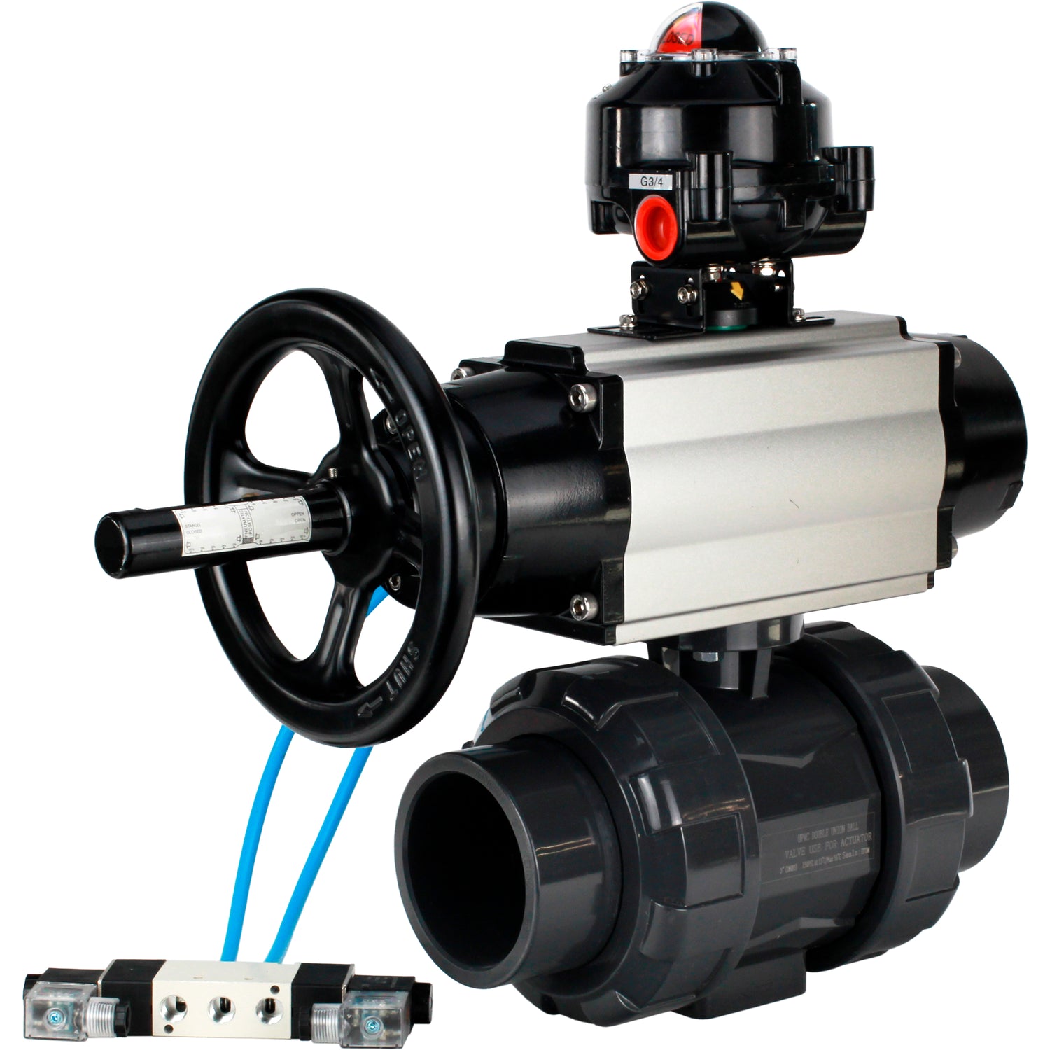 Ball valves Elephant BV4242E-FP-GRM-ISO, body material - UPVC, ball material - UPVC, seal - EPDM, with pneumatic actuator double action PA-DA-105-1, pneumatic distributor 4V320-08 220V and LSU APL-510N EX