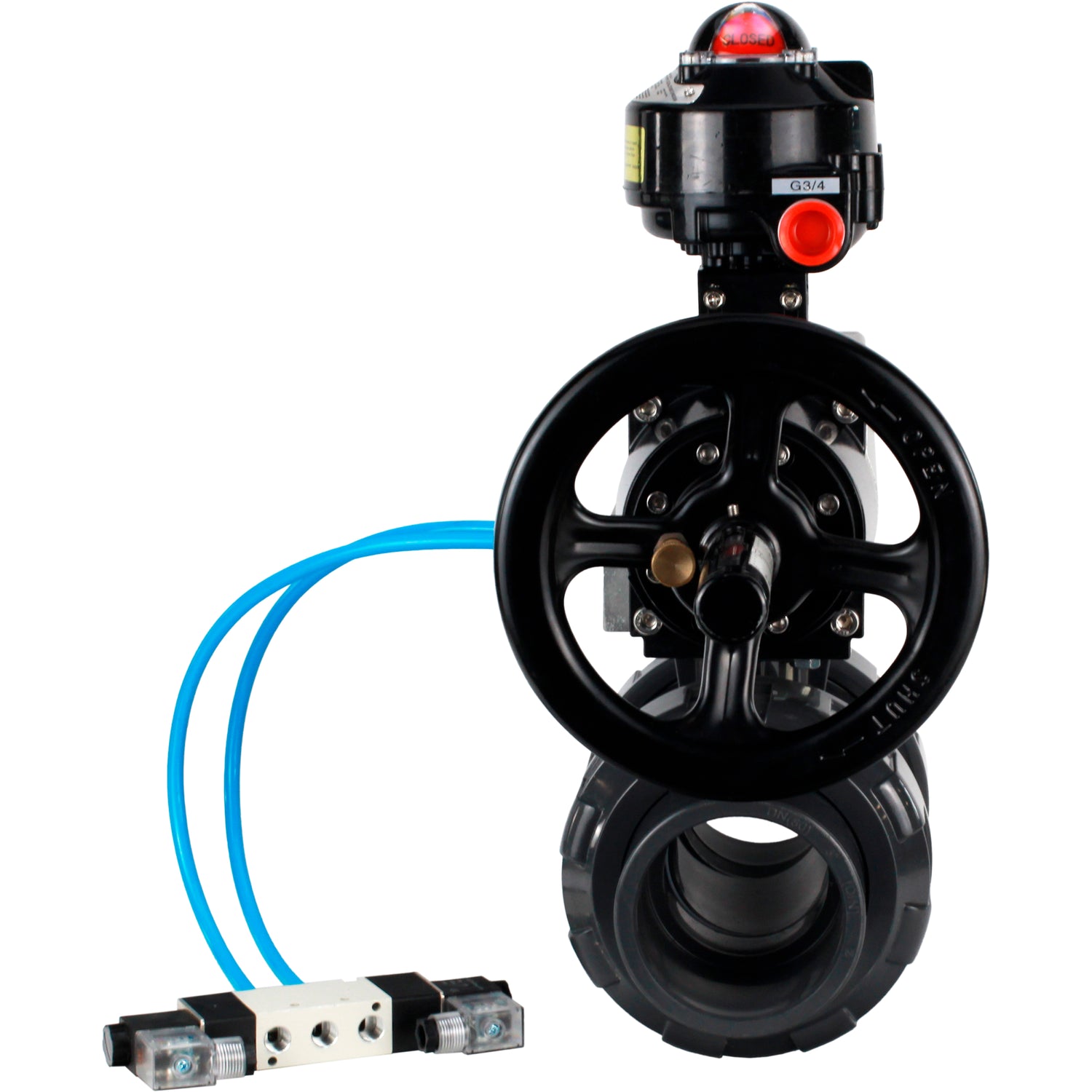 Ball valves Elephant BV4242E-FP-GRM-ISO, body material - UPVC, ball material - UPVC, seal - EPDM, with pneumatic actuator double action PA-DA-105-1, pneumatic distributor 4V320-08 220V and LSU APL-510N EX