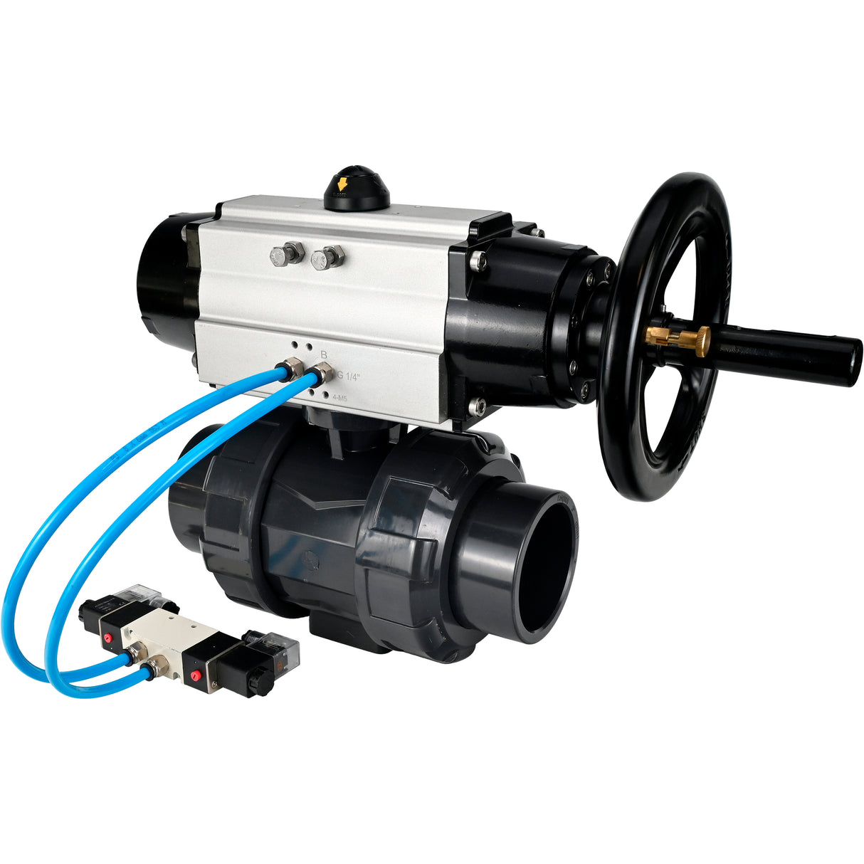 Ball valves Elephant BV4242E-FP-GRM-ISO, body material - UPVC, ball material - UPVC, seal - EPDM, with pneumatic actuator double action PA-DA-105-1 and pneumatic distributor 4V320-08 220V