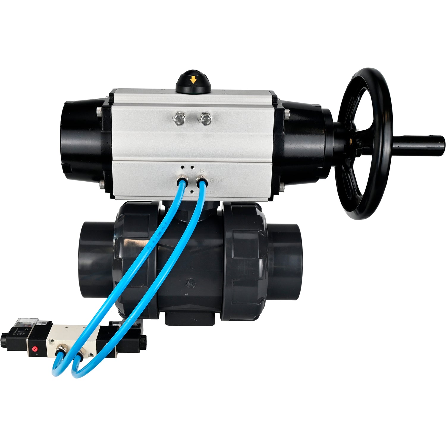 Ball valves Elephant BV4242E-FP-GRM-ISO, body material - UPVC, ball material - UPVC, seal - EPDM, with pneumatic actuator double action PA-DA-105-1 and pneumatic distributor 4V320-08 220V