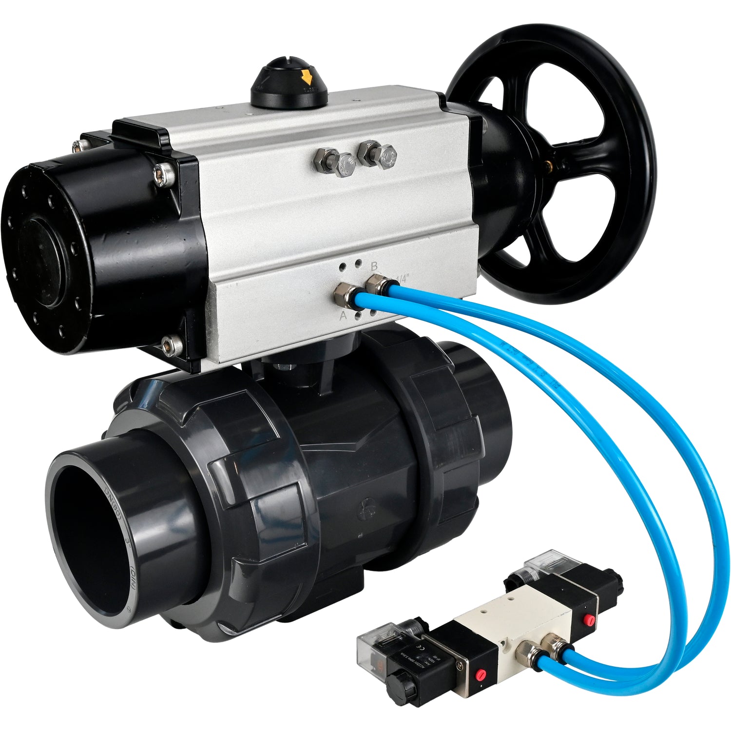 Ball valves Elephant BV4242E-FP-GRM-ISO, body material - UPVC, ball material - UPVC, seal - EPDM, with pneumatic actuator double action PA-DA-105-1 and pneumatic distributor 4V320-08 220V