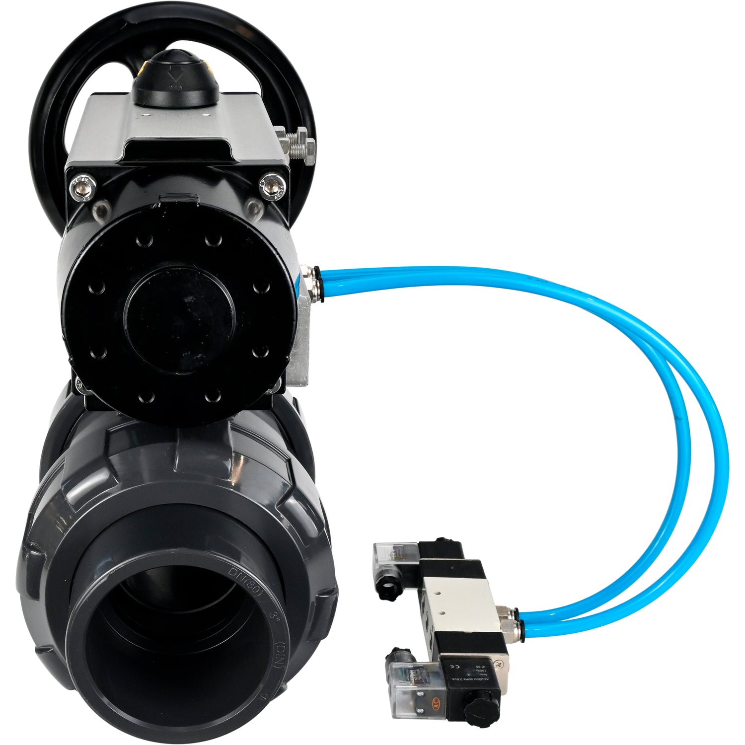 Ball valves Elephant BV4242E-FP-GRM-ISO, body material - UPVC, ball material - UPVC, seal - EPDM, with pneumatic actuator double action PA-DA-105-1 and pneumatic distributor 4V320-08 220V