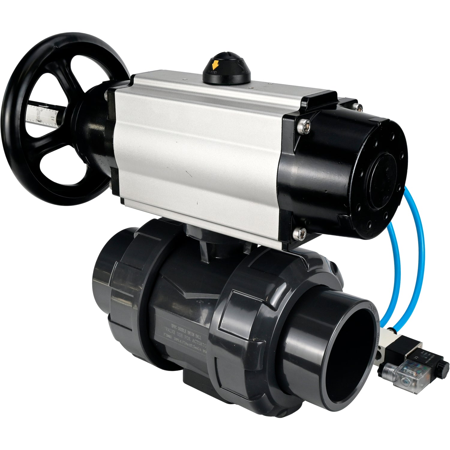 Ball valves Elephant BV4242E-FP-GRM-ISO, body material - UPVC, ball material - UPVC, seal - EPDM, with pneumatic actuator double action PA-DA-105-1 and pneumatic distributor 4V320-08 220V