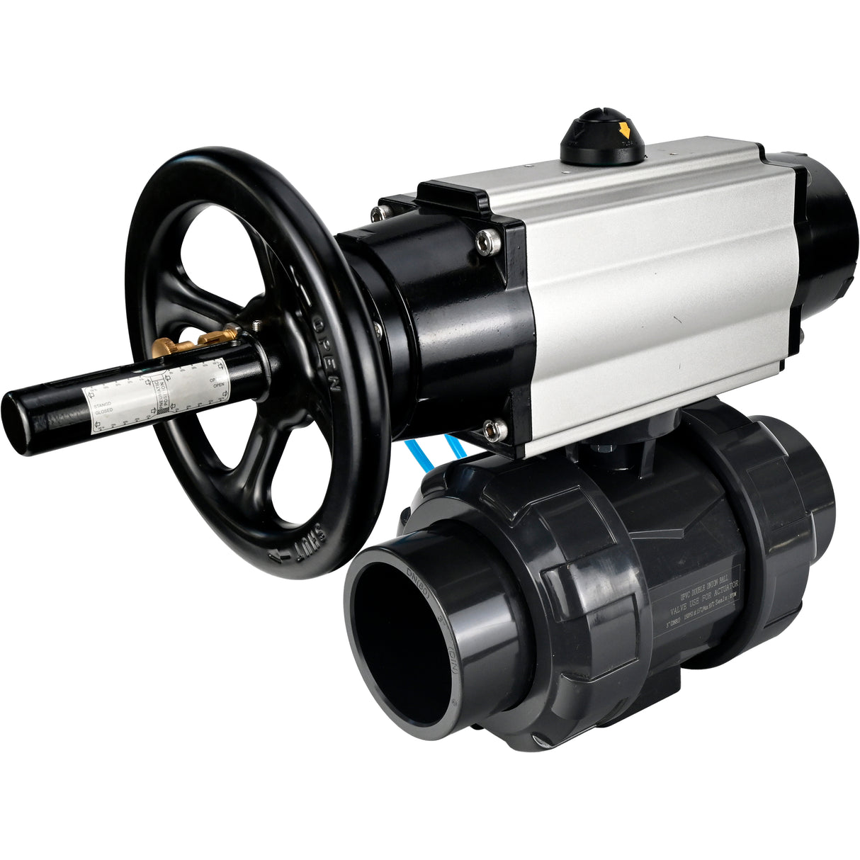 Ball valves Elephant BV4242E-FP-GRM-ISO, body material - UPVC, ball material - UPVC, seal - EPDM, with pneumatic actuator double action PA-DA-105-1 and pneumatic distributor 4V320-08 220V