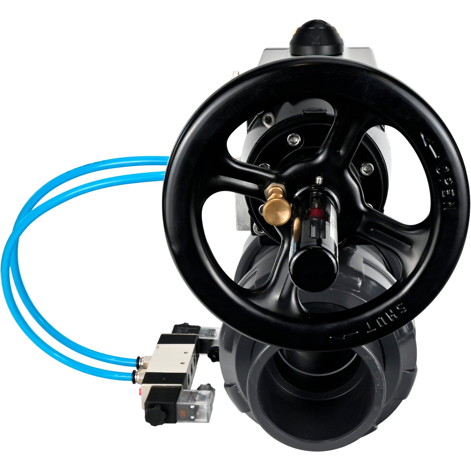 Ball valves Elephant BV4242E-FP-GRM-ISO, body material - UPVC, ball material - UPVC, seal - EPDM, with pneumatic actuator double action PA-DA-105-1 and pneumatic distributor 4V320-08 220V
