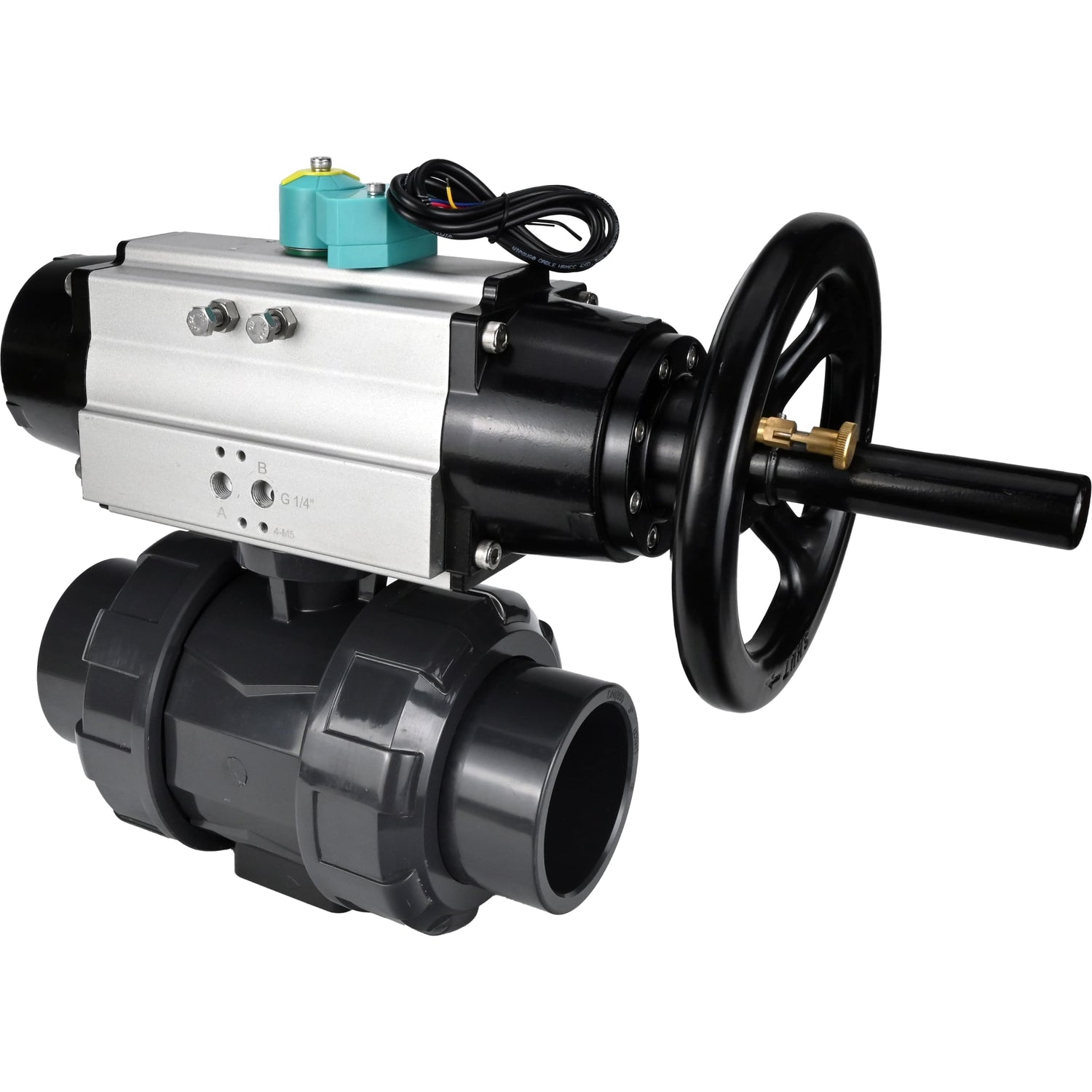 Ball valves Elephant BV4242E-FP-GRM-ISO, body material - UPVC, ball material - UPVC, seal - EPDM, with pneumatic actuator double action PA-DA-105-1 and magnetic switch ALS200D