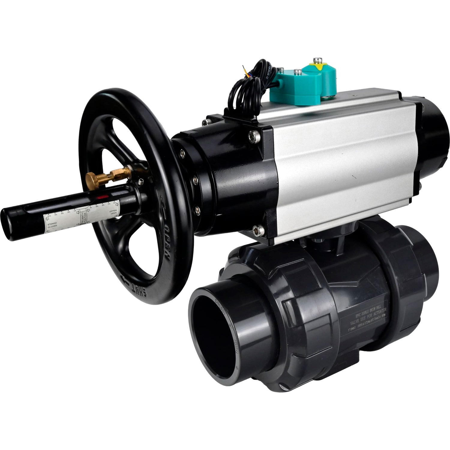 Ball valves Elephant BV4242E-FP-GRM-ISO, body material - UPVC, ball material - UPVC, seal - EPDM, with pneumatic actuator double action PA-DA-105-1 and magnetic switch ALS200D