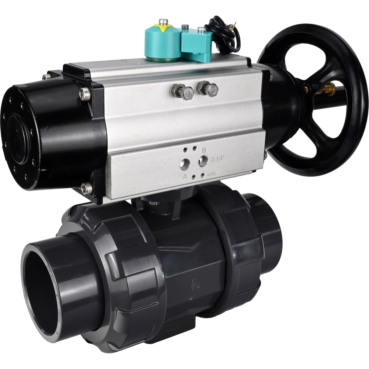 Ball valves Elephant BV4242E-FP-GRM-ISO, body material - UPVC, ball material - UPVC, seal - EPDM, with pneumatic actuator double action PA-DA-105-1 and magnetic switch ALS200D