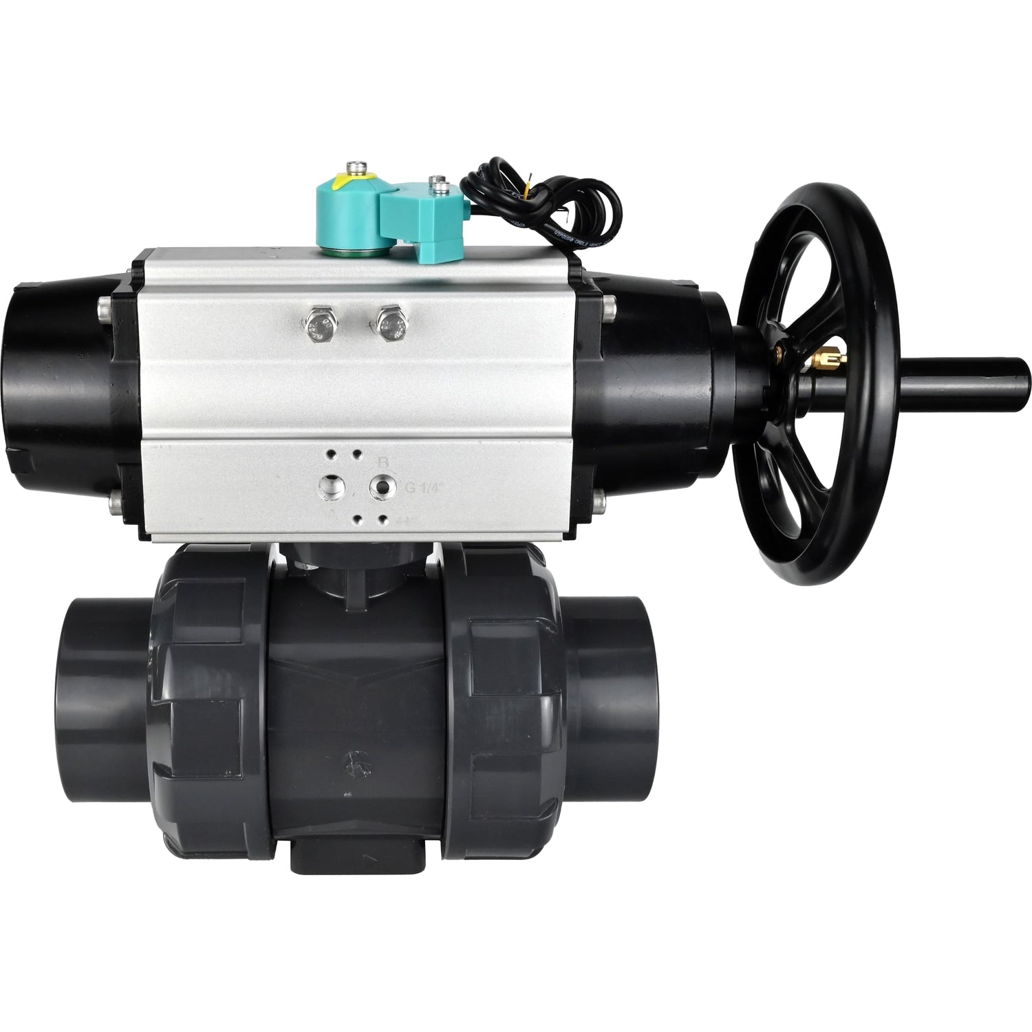 Ball valves Elephant BV4242E-FP-GRM-ISO, body material - UPVC, ball material - UPVC, seal - EPDM, with pneumatic actuator double action PA-DA-105-1 and magnetic switch ALS200D
