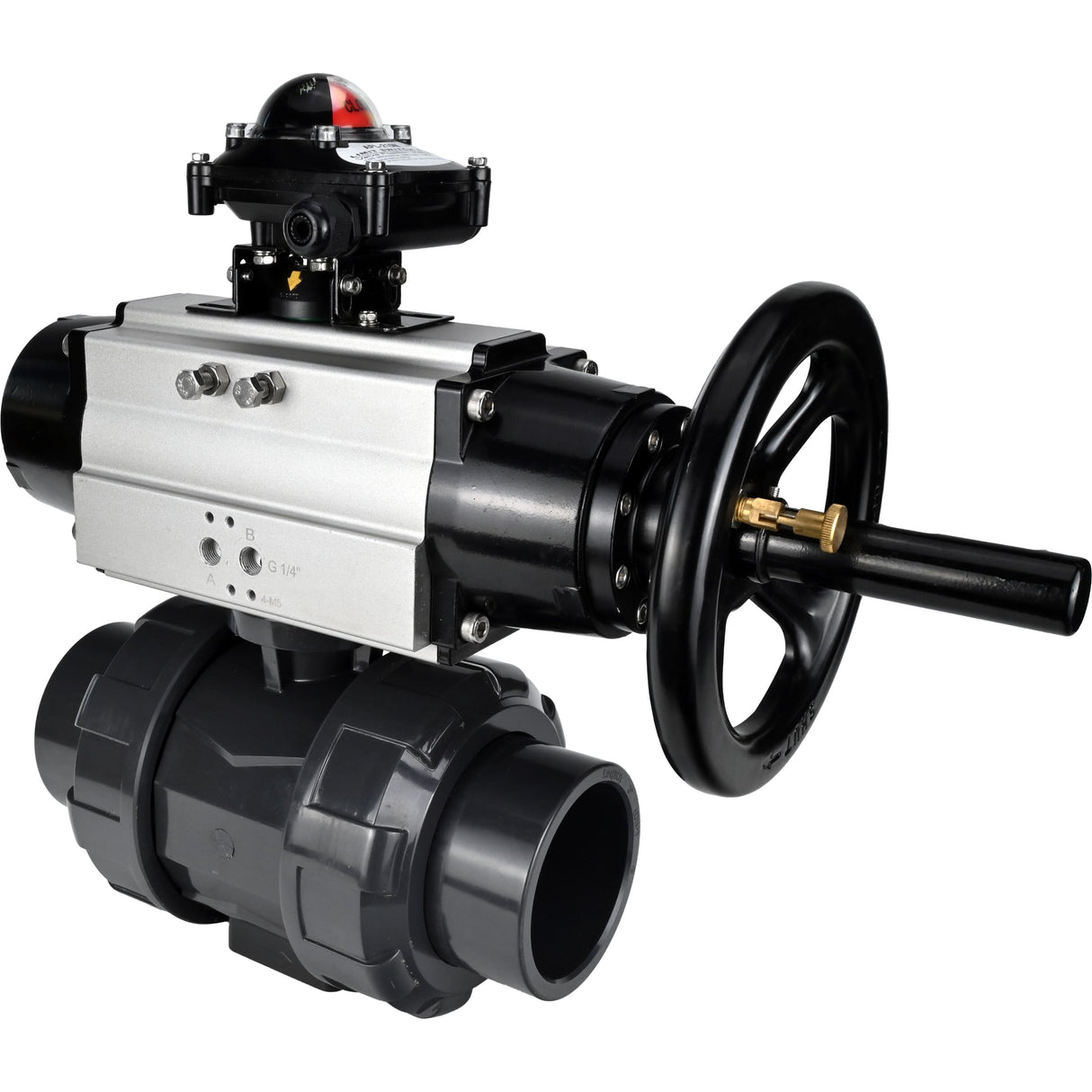 Ball valves Elephant BV4242E-FP-GRM-ISO, body material - UPVC, ball material - UPVC, seal - EPDM, with pneumatic actuator double action PA-DA-105-1 and LSU APL-210N