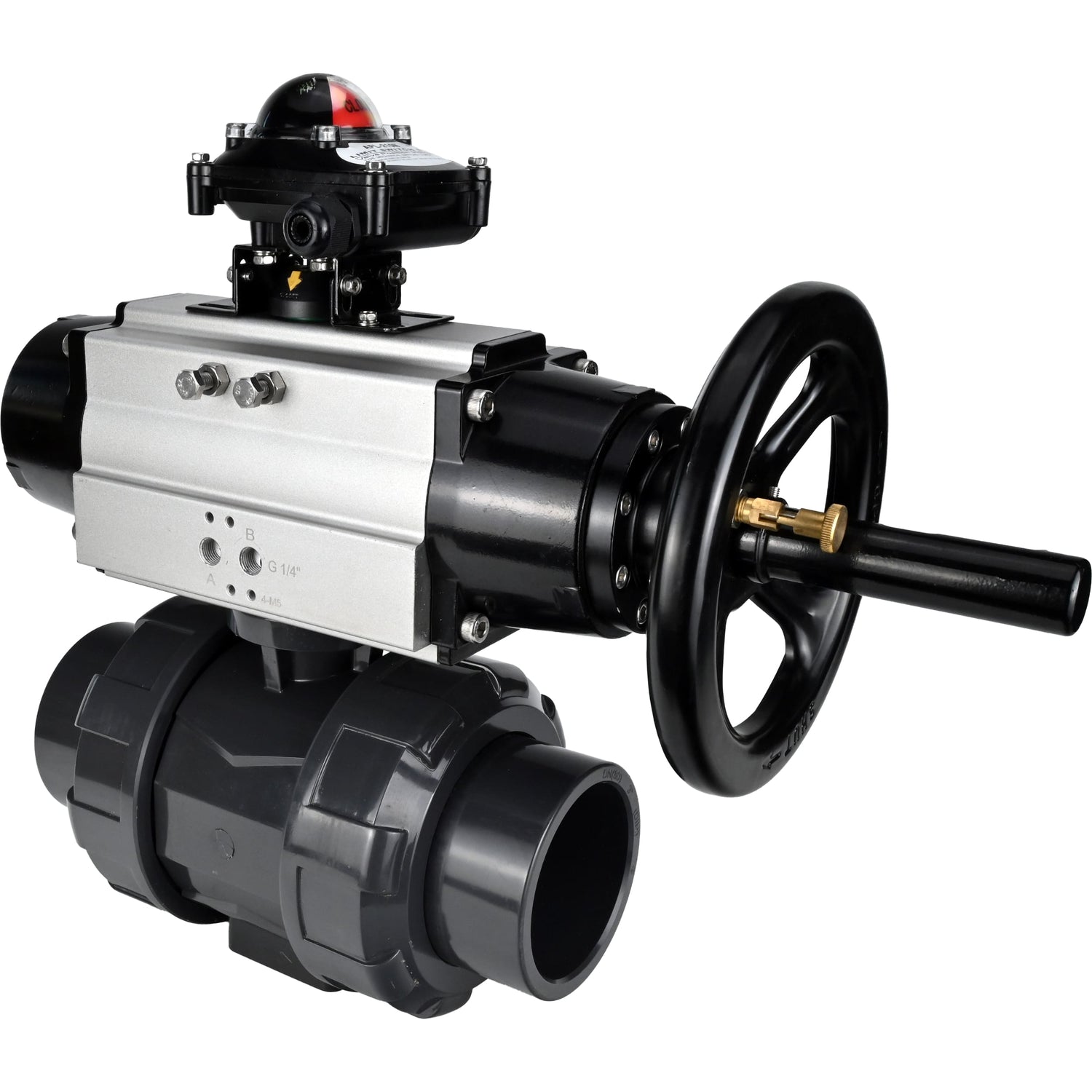 Ball valves Elephant BV4242E-FP-GRM-ISO, body material - UPVC, ball material - UPVC, seal - EPDM, with pneumatic actuator double action PA-DA-105-1 and LSU APL-210N