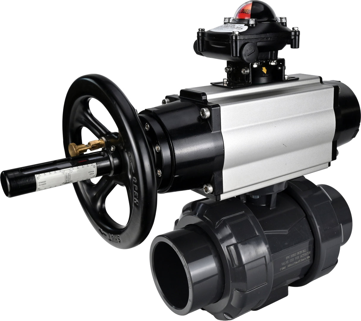 Ball valves Elephant BV4242E-FP-GRM-ISO, body material - UPVC, ball material - UPVC, seal - EPDM, with pneumatic actuator double action PA-DA-105-1 and LSU APL-210N