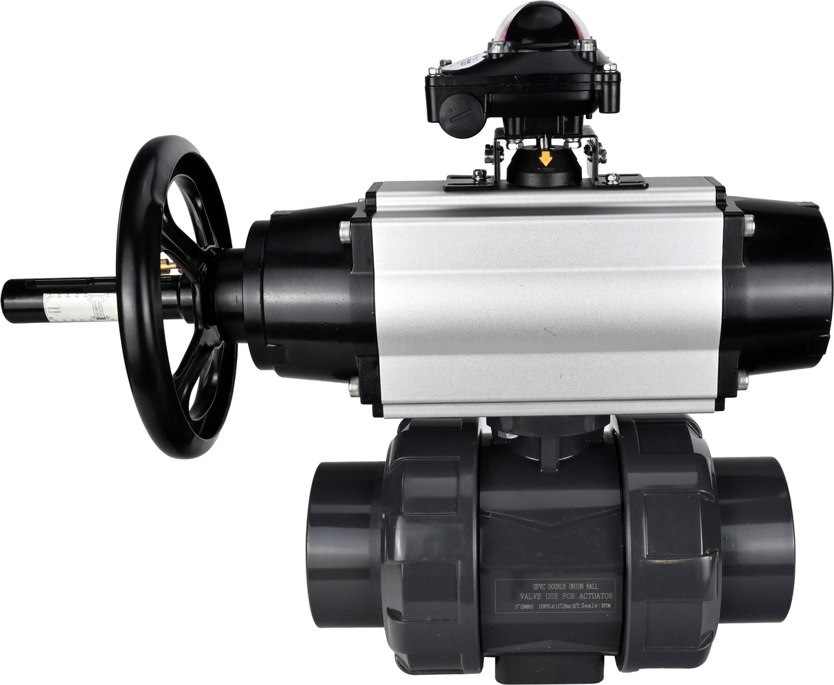 Ball valves Elephant BV4242E-FP-GRM-ISO, body material - UPVC, ball material - UPVC, seal - EPDM, with pneumatic actuator double action PA-DA-105-1 and LSU APL-210N