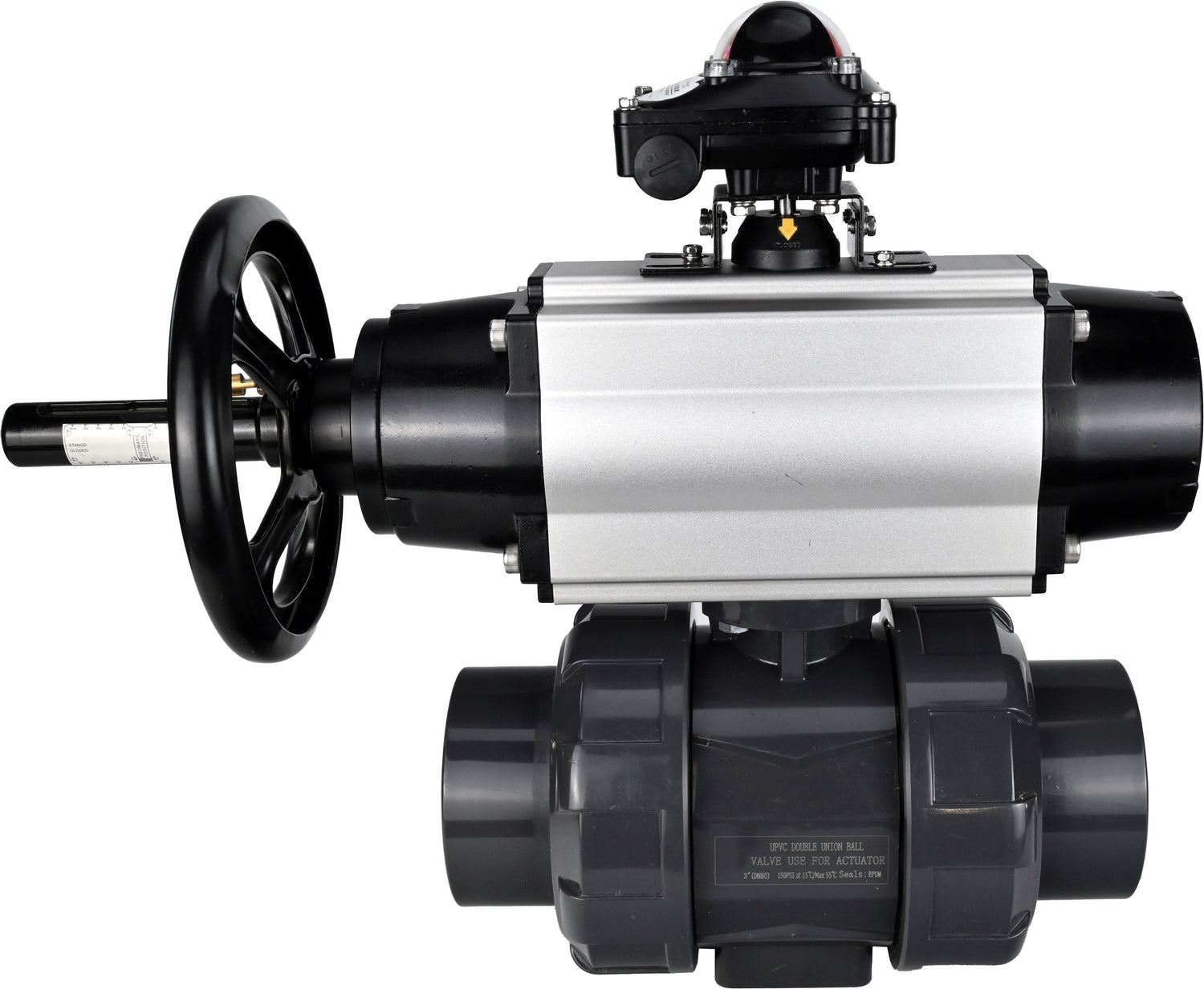 Ball valves Elephant BV4242E-FP-GRM-ISO, body material - UPVC, ball material - UPVC, seal - EPDM, with pneumatic actuator double action PA-DA-105-1 and LSU APL-210N