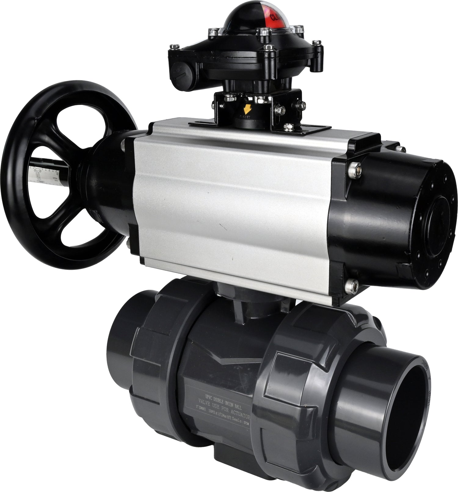 Ball valves Elephant BV4242E-FP-GRM-ISO, body material - UPVC, ball material - UPVC, seal - EPDM, with pneumatic actuator double action PA-DA-105-1 and LSU APL-210N