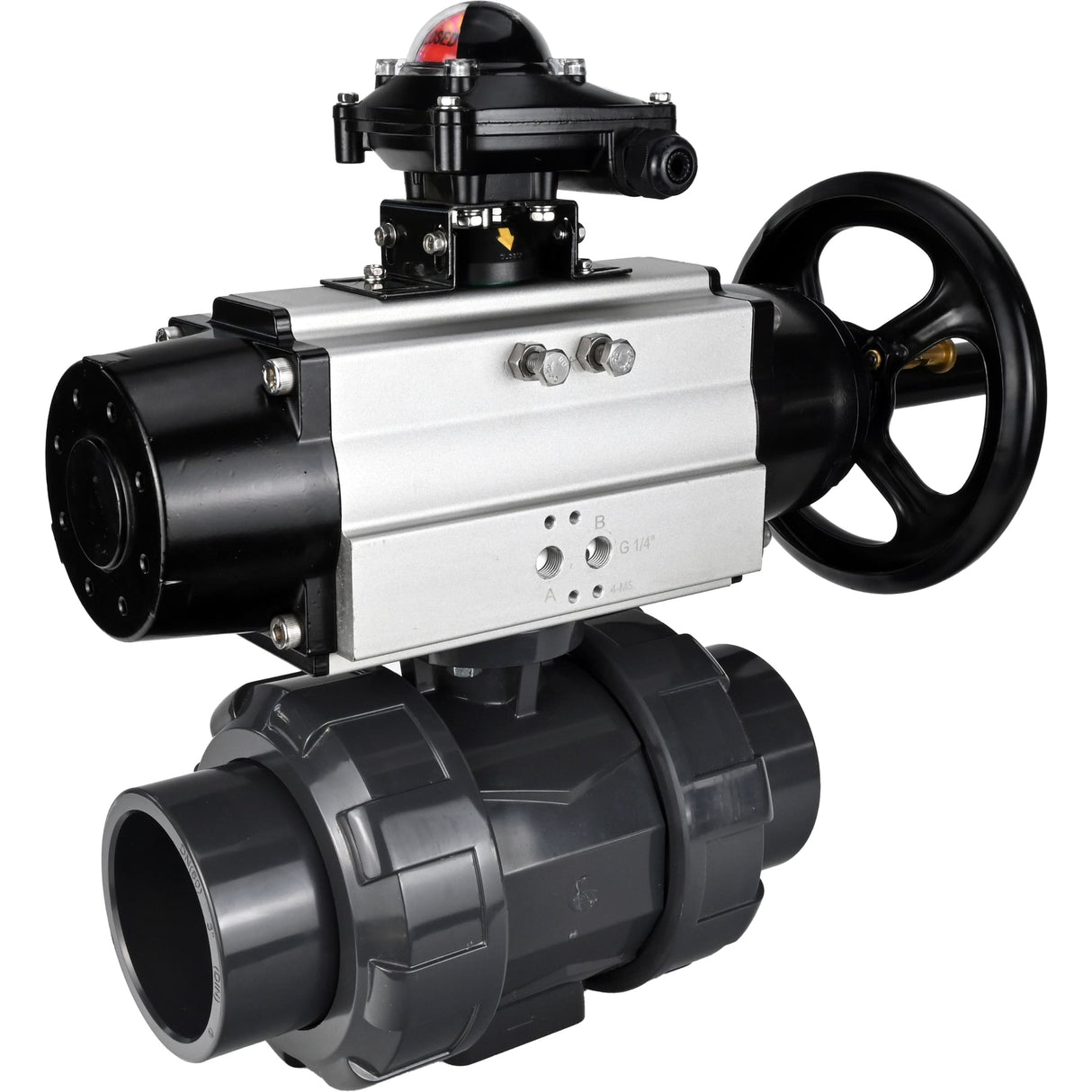 Ball valves Elephant BV4242E-FP-GRM-ISO, body material - UPVC, ball material - UPVC, seal - EPDM, with pneumatic actuator double action PA-DA-105-1 and LSU APL-210N