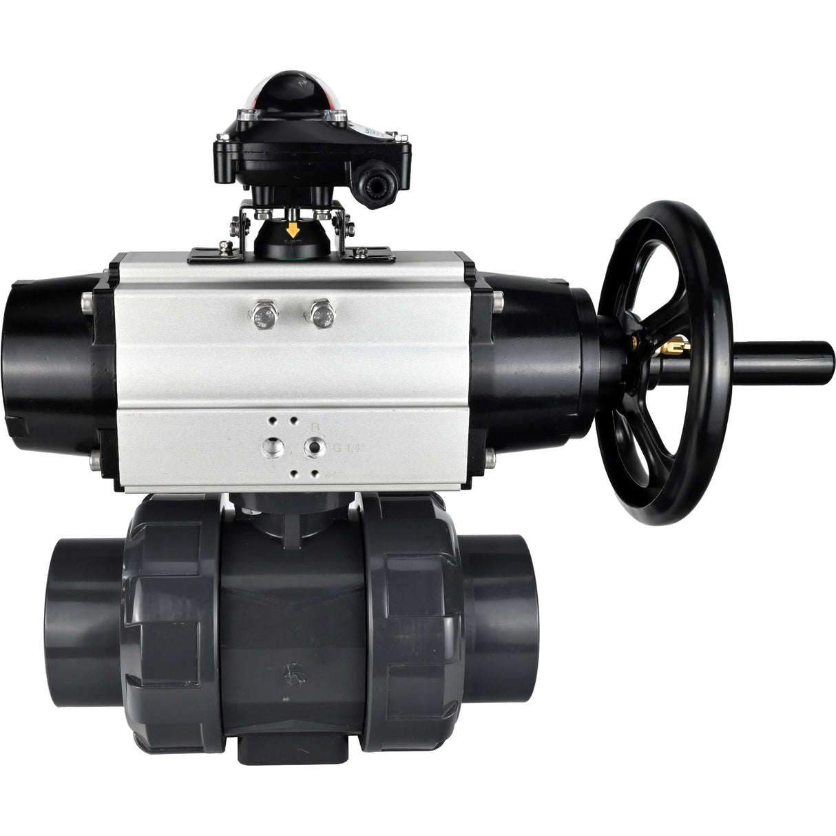 Ball valves Elephant BV4242E-FP-GRM-ISO, body material - UPVC, ball material - UPVC, seal - EPDM, with pneumatic actuator double action PA-DA-105-1 and LSU APL-210N