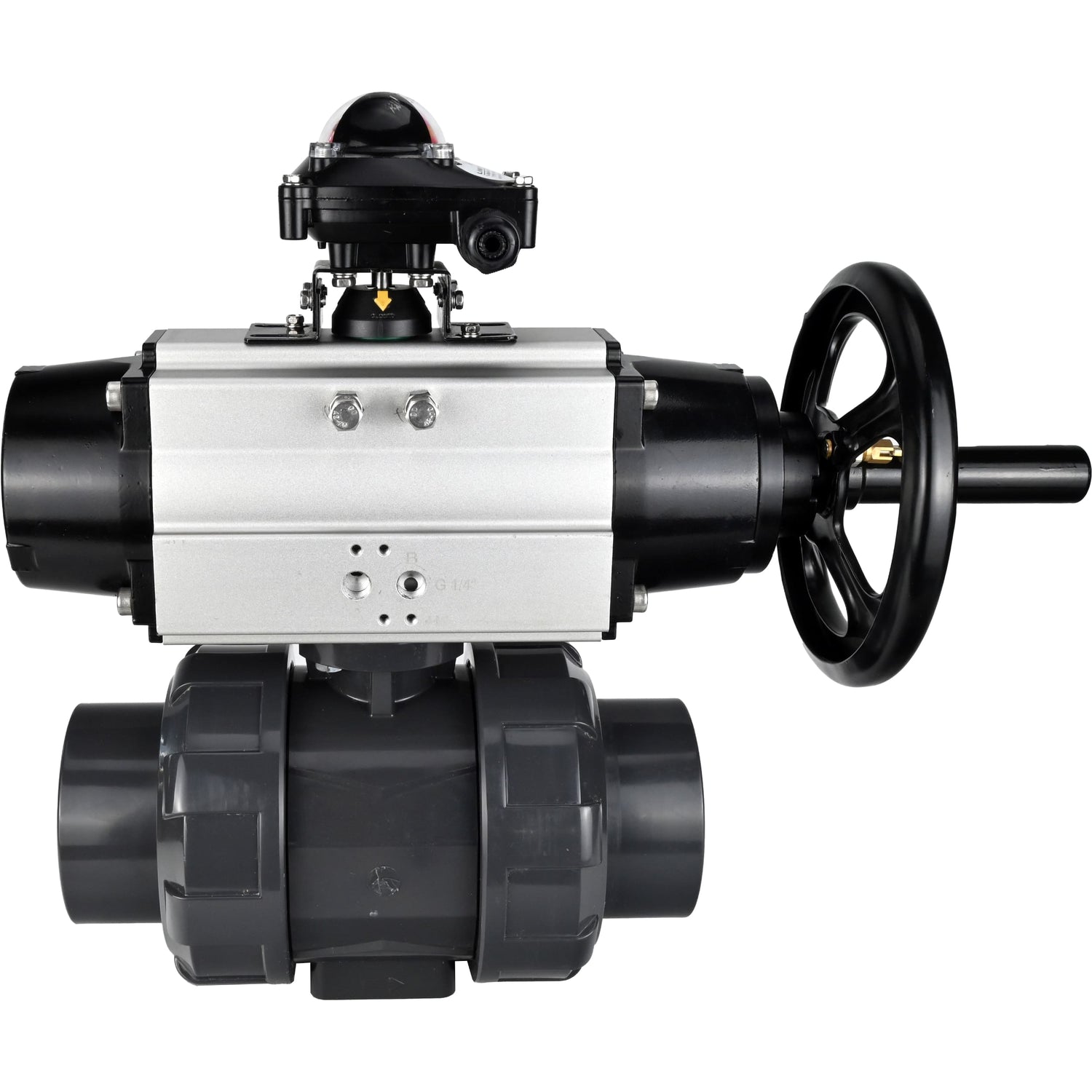 Ball valves Elephant BV4242E-FP-GRM-ISO, body material - UPVC, ball material - UPVC, seal - EPDM, with pneumatic actuator double action PA-DA-105-1 and LSU APL-210N