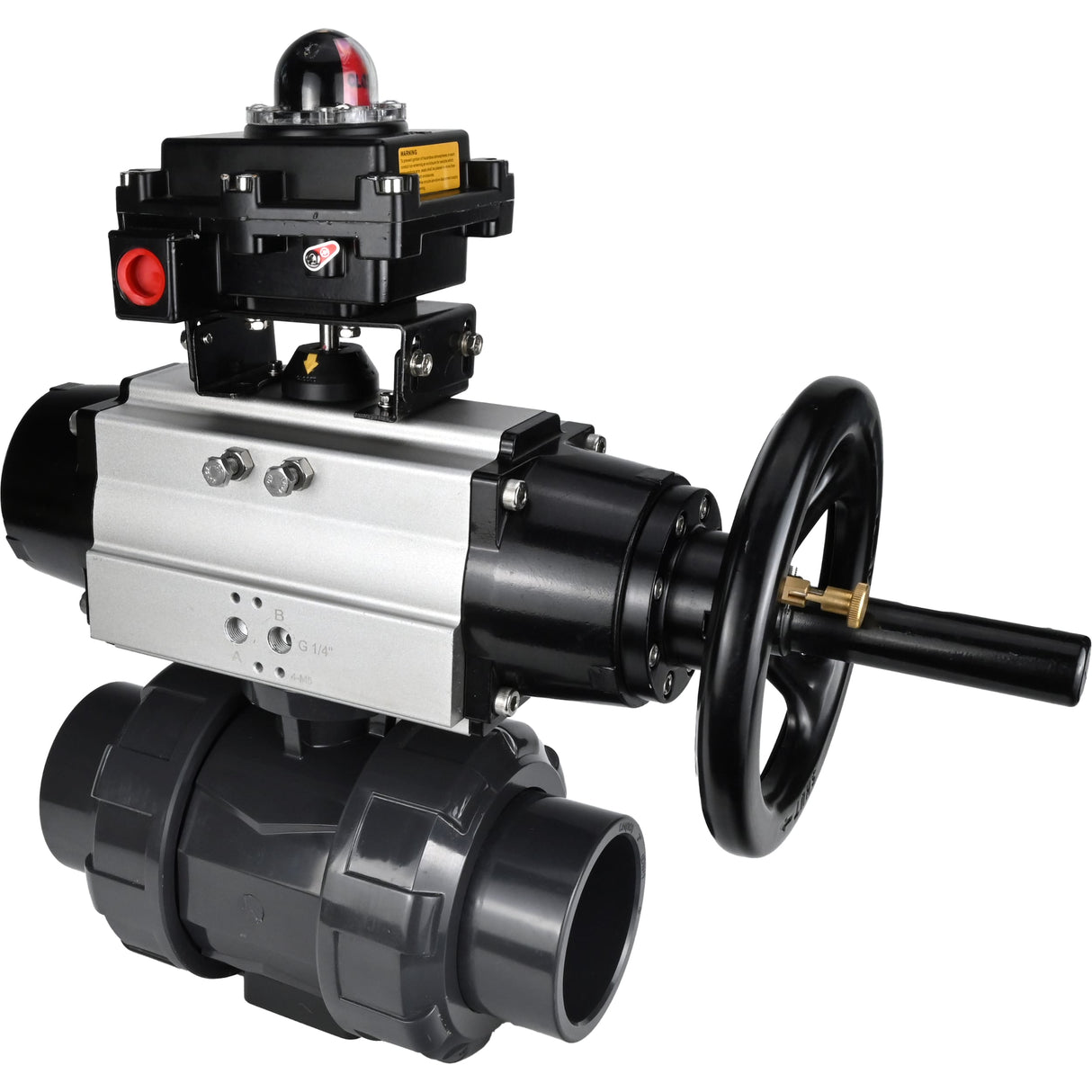 Ball valves Elephant BV4242E-FP-GRM-ISO, body material - UPVC, ball material - UPVC, seal - EPDM, with pneumatic actuator double action PA-DA-105-1 and LSU APL-410N EX