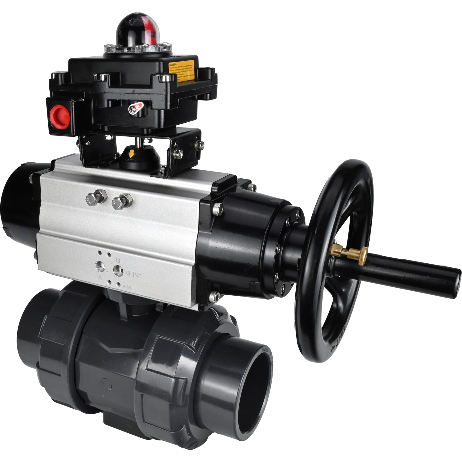 Ball valves Elephant BV4242E-FP-GRM-ISO, body material - UPVC, ball material - UPVC, seal - EPDM, with pneumatic actuator double action PA-DA-105-1 and LSU APL-410N EX