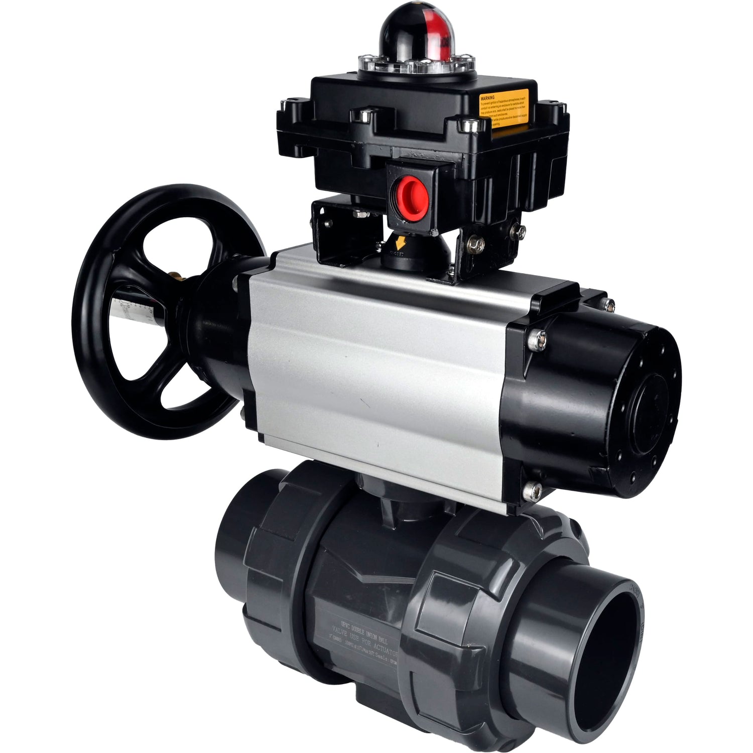 Ball valves Elephant BV4242E-FP-GRM-ISO, body material - UPVC, ball material - UPVC, seal - EPDM, with pneumatic actuator double action PA-DA-105-1 and LSU APL-410N EX