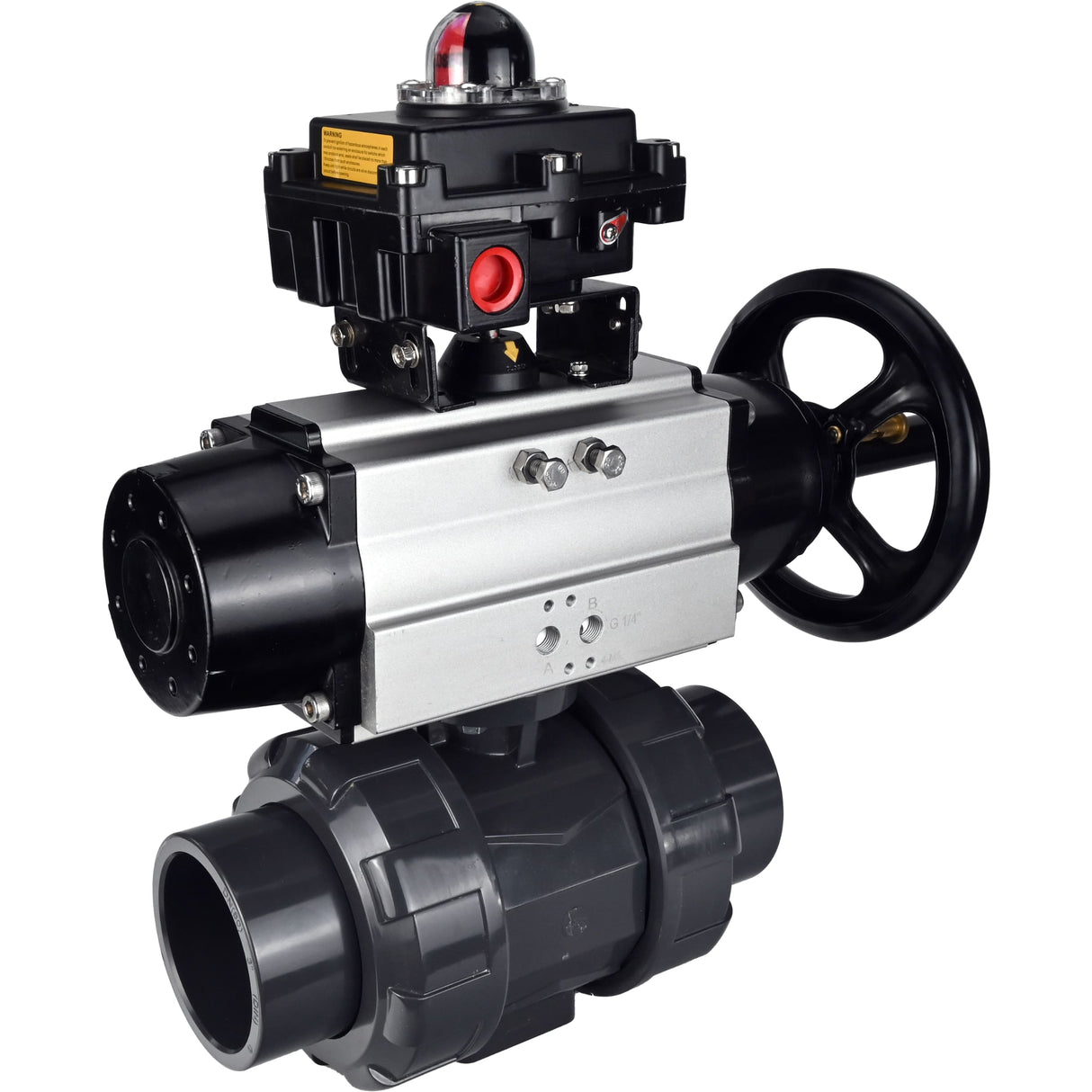 Ball valves Elephant BV4242E-FP-GRM-ISO, body material - UPVC, ball material - UPVC, seal - EPDM, with pneumatic actuator double action PA-DA-105-1 and LSU APL-410N EX