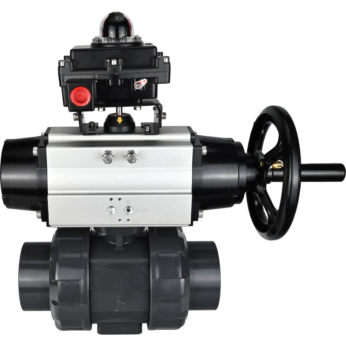 Ball valves Elephant BV4242E-FP-GRM-ISO, body material - UPVC, ball material - UPVC, seal - EPDM, with pneumatic actuator double action PA-DA-105-1 and LSU APL-410N EX
