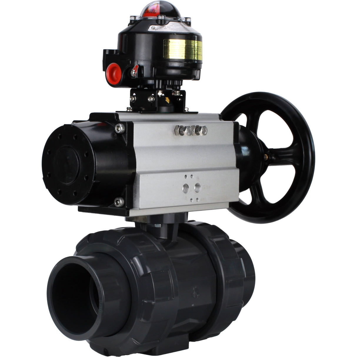 Ball valves Elephant BV4242E-FP-GRM-ISO, body material - UPVC, ball material - UPVC, seal - EPDM, with pneumatic actuator double action PA-DA-105-1 and LSU APL-510N EX