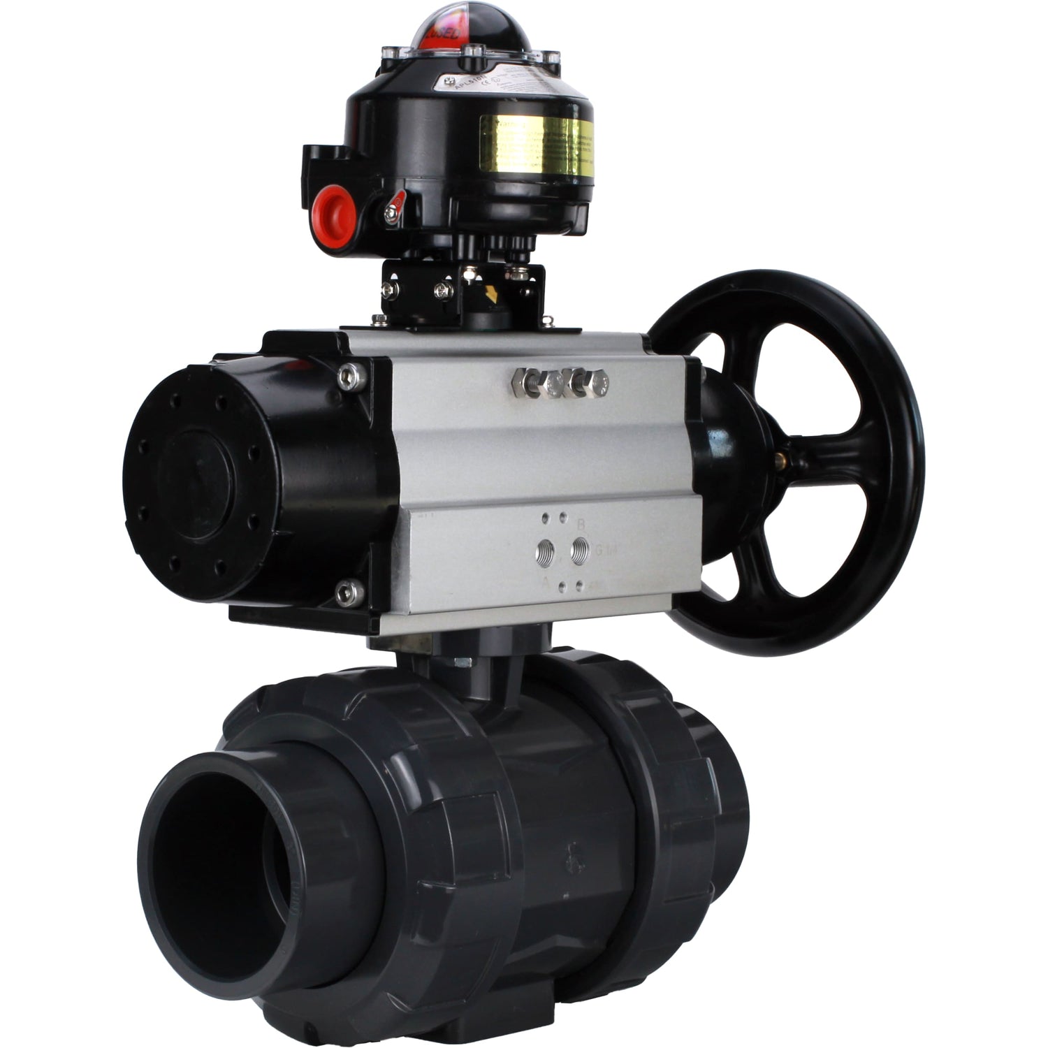 Ball valves Elephant BV4242E-FP-GRM-ISO, body material - UPVC, ball material - UPVC, seal - EPDM, with pneumatic actuator double action PA-DA-105-1 and LSU APL-510N EX