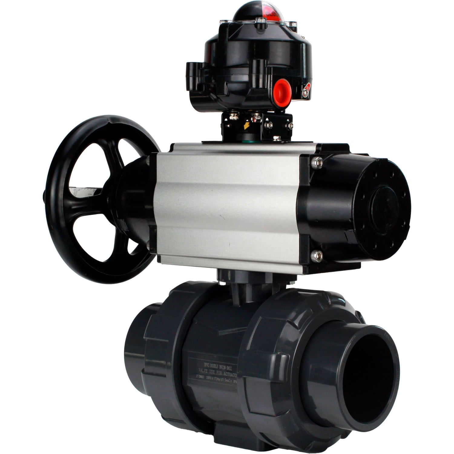 Ball valves Elephant BV4242E-FP-GRM-ISO, body material - UPVC, ball material - UPVC, seal - EPDM, with pneumatic actuator double action PA-DA-105-1 and LSU APL-510N EX