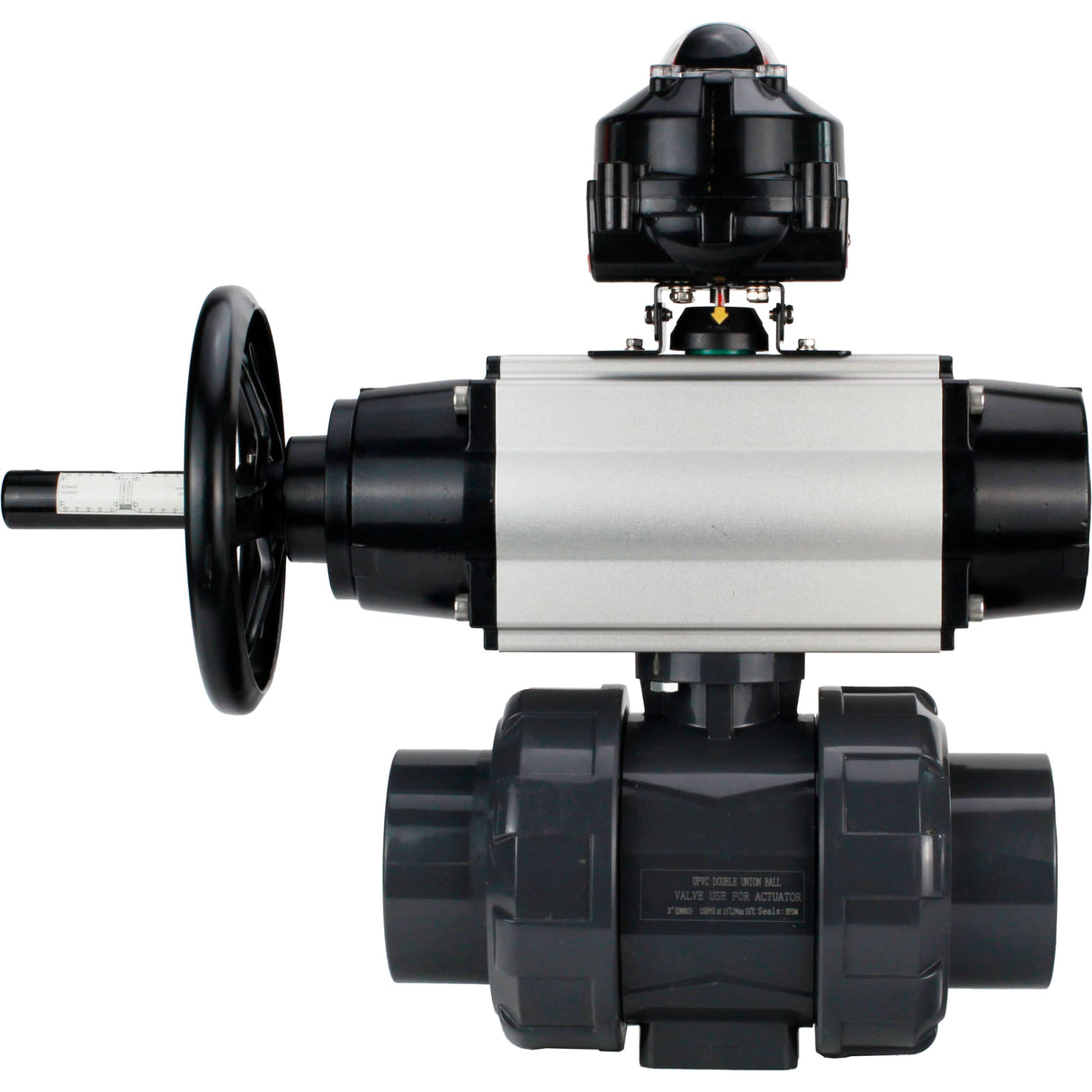 Ball valves Elephant BV4242E-FP-GRM-ISO, body material - UPVC, ball material - UPVC, seal - EPDM, with pneumatic actuator double action PA-DA-105-1 and LSU APL-510N EX