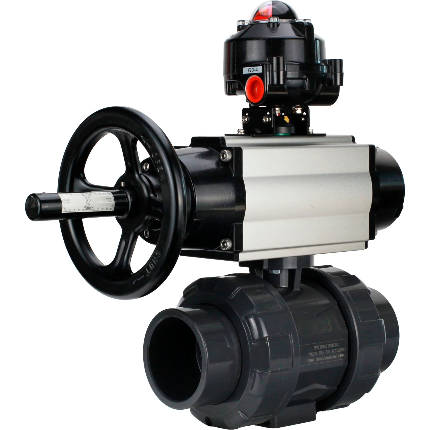 Ball valves Elephant BV4242E-FP-GRM-ISO, body material - UPVC, ball material - UPVC, seal - EPDM, with pneumatic actuator double action PA-DA-105-1 and LSU APL-510N EX