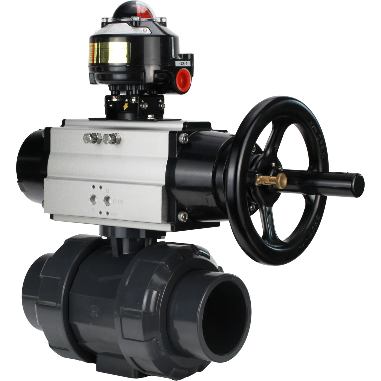 Ball valves Elephant BV4242E-FP-GRM-ISO, body material - UPVC, ball material - UPVC, seal - EPDM, with pneumatic actuator double action PA-DA-105-1 and LSU APL-510N EX